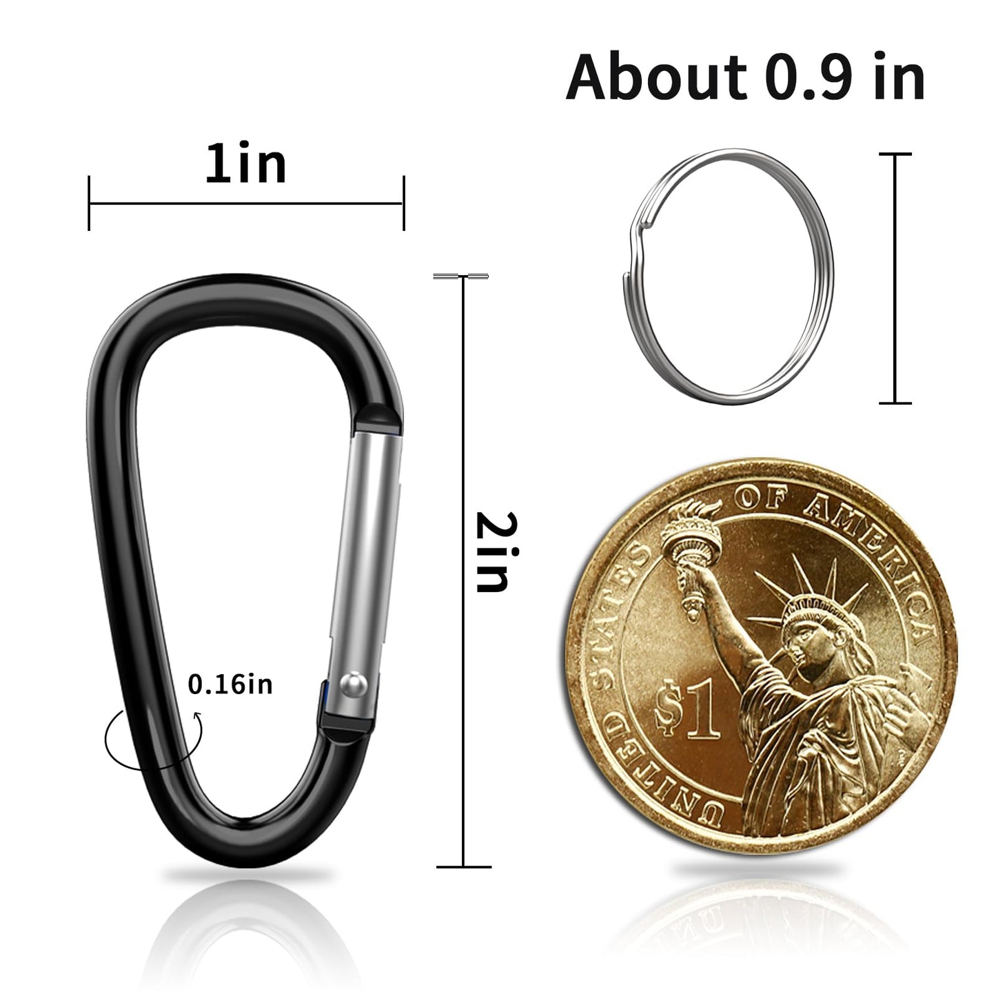 XIECHANEE 30PCS Aluminum Carabiner Clips, 2" D Shape Spring Snap Hooks Carabiner with 30PCS Keyring Keychain Hook, Black