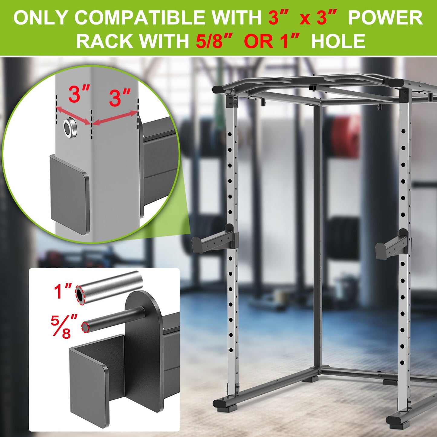 Kipika Safety Spotter Arms for 3" x 3" Power Racks with 5/8" & 1" Holes - Heavy Duty Barbell Safety Catches with Rubber Pad - Adjustable and Easy to Install - Set of 2