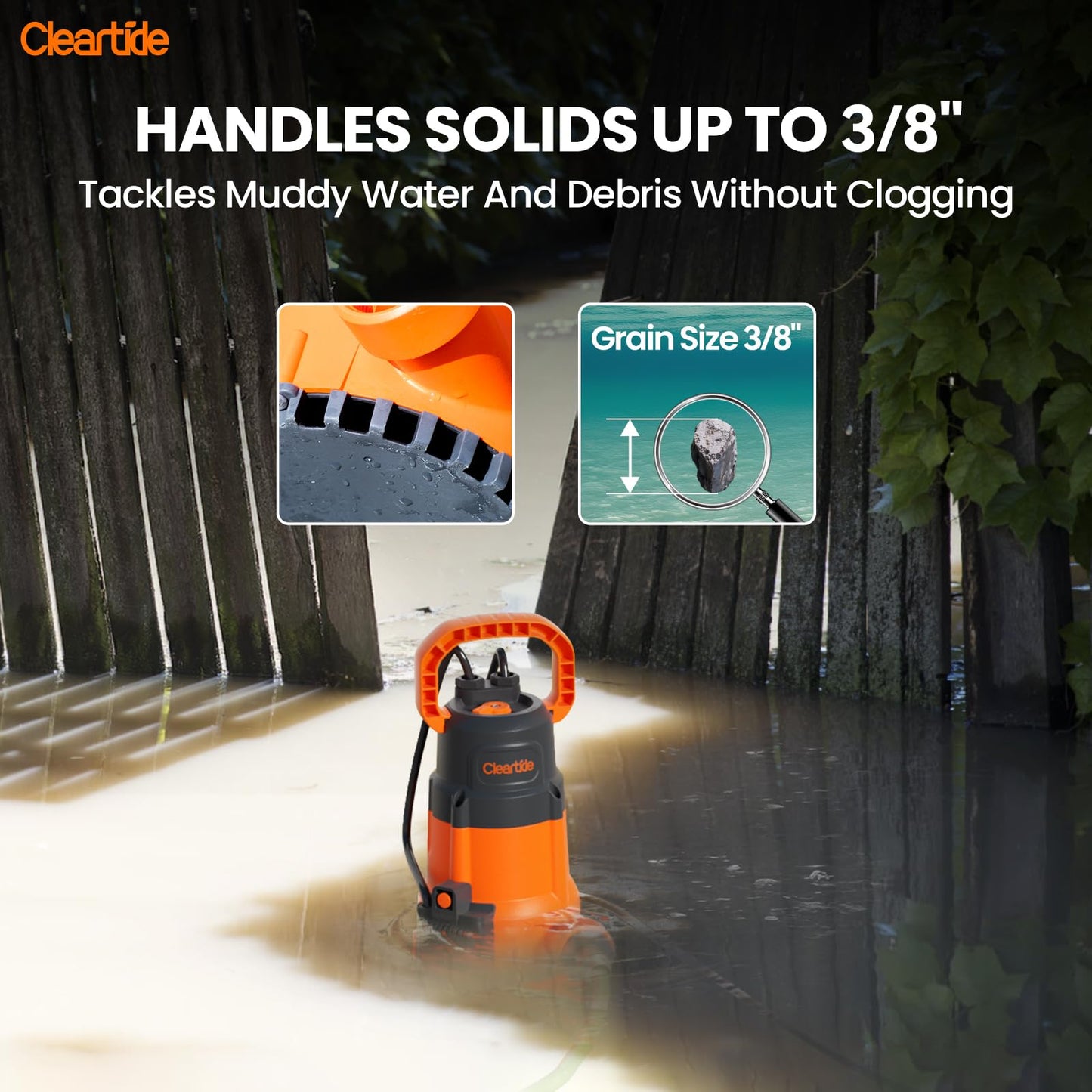 Cleartide 1/3 HP Submersible Utility Pump, 2790 GPH High Flow, Portable Sump Pump with Auto Water Sensor, Ideal for Flooded Basement & Yard, Hot Tub, Pond and Garden Draining