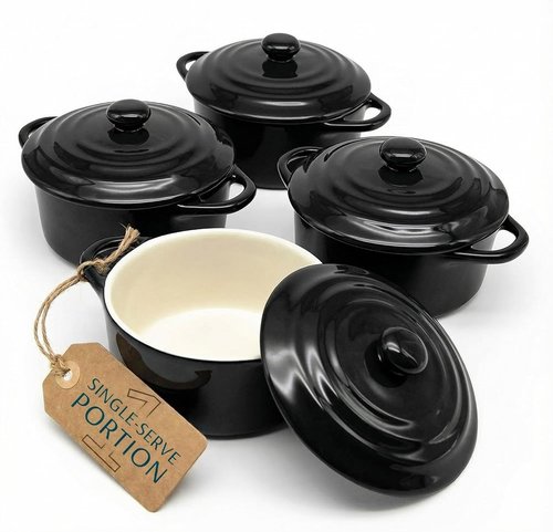 Kook Ceramic Mini Cocotte Set - 12 oz Individual Baking Ramekins | Oven Safe, Microwave & Dishwasher Safe, Black - Set of 4