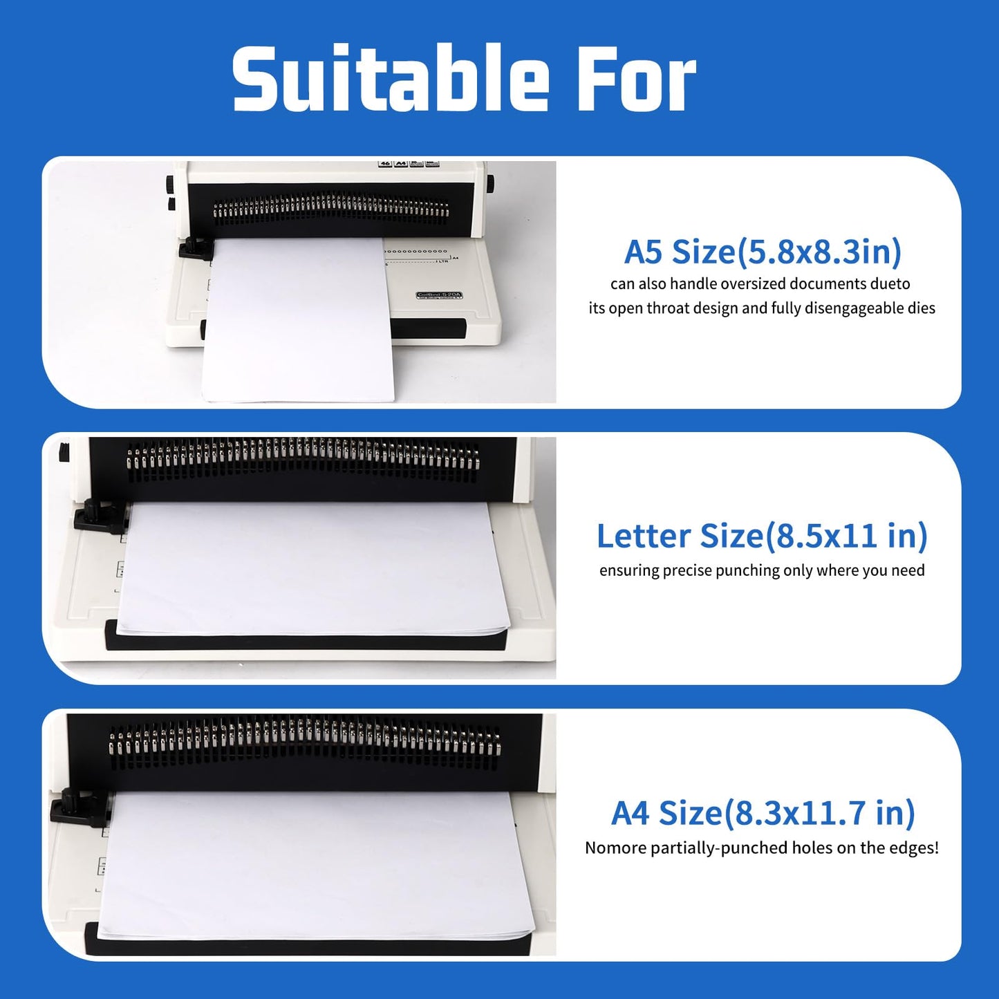 Vagbstu Spiral Coil Binding Machine with Electric Coil Inserter and Adjustable Side Margin, 20-Sheet Manual Punch,46 Fully Disengageable Dies,4:1 Pitch,Binds up to 500 Sheets - Includes 100 Coils