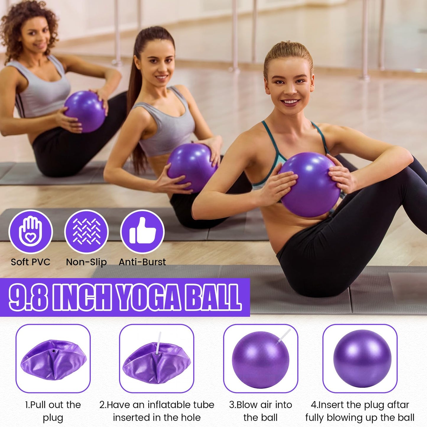 Teyva Daily 40 Pcs 9 Inch Bulk Pilates Balls Resistance Bands Set 20 Mini Bulk Exercise Balls Yoga 20 Resistance Loop Exercise Bands for Stability Fitness Physical Strength Office Training Gym(Purple)