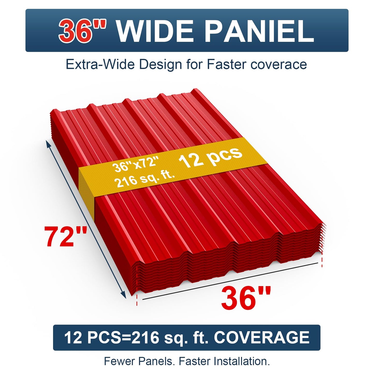 12 Pack PPGI Metal Roofing Panels, 72" x 36", 28 Gauge, 216 Sq. Ft. Coverage, Prepainted Galvanized Steel Sheets for Residential, Commercial, Pergolas, Gazebos, Fencing, and Patio Roofs（Red）