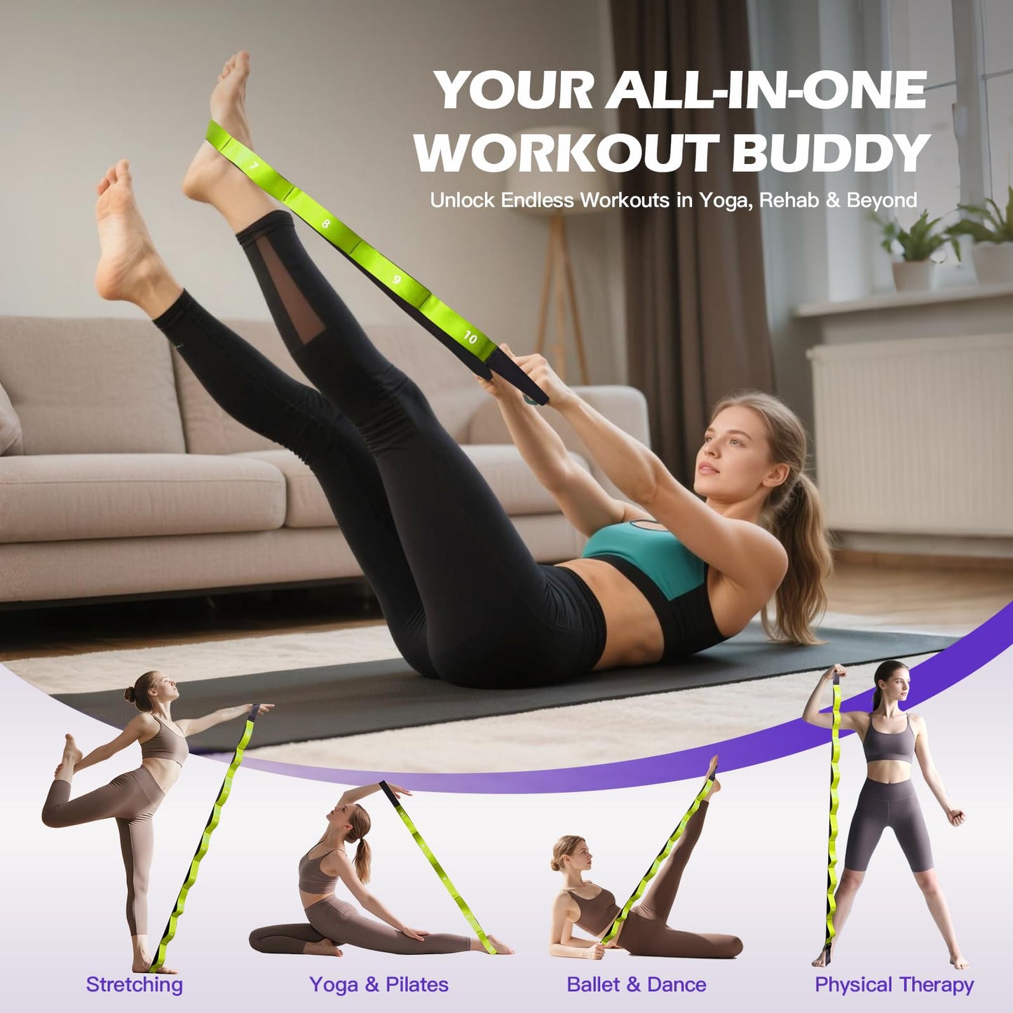 Non Elastic Stretching Strap with Loops - Yoga Straps for Physical Therapy, Durable Stretch Bands for Exercise, Flexibility Training, Hamstring & Leg Stretcher, Yoga/Pilates/Gymnastics - Green