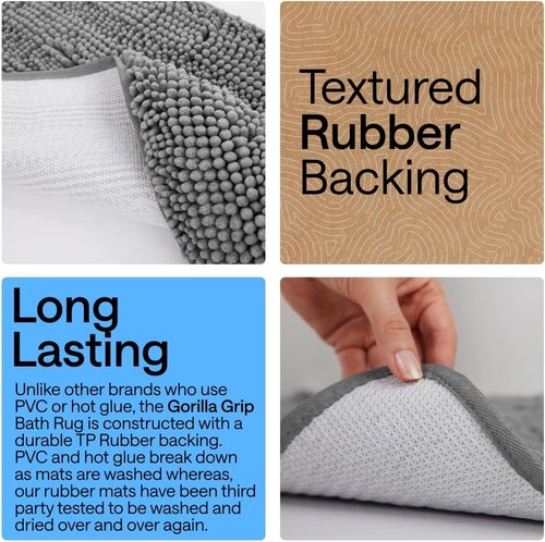 GORILLA GRIP Bath Rug Mat - Thick Soft Absorbent Chenille | Quick-Dry Microfiber, 60x24, Grey