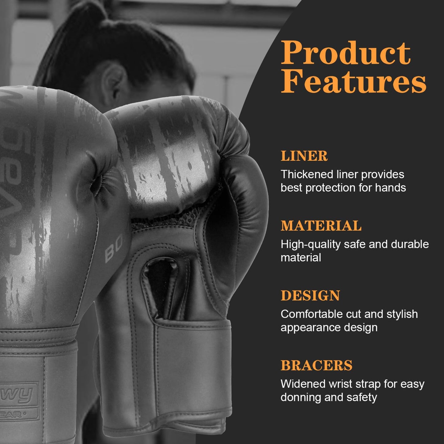 EVAGWY Boxing Gloves for Men and Women，Pro Training Sparring，Suitable for Boxing Kickboxing MMA Fighting，Adult Heavy Punching Bag Gloves，Workout Gloves for Boxing，Muay Thai (Black, 10OZ)