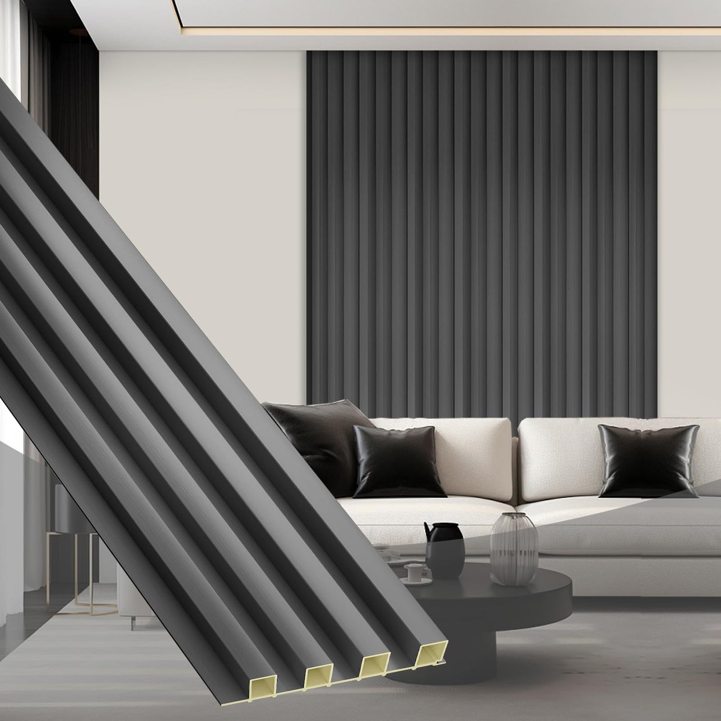 OUZUGIE WPC Acoustic Slat Wall Paneling, 8-Pack 114 x 6 Inches 3D Wall Panels for Interior Wall Decor,Living Room,TV Background,Study Room,Office Spaces,Bedroom,High Grille (Metallic Dark Gray)