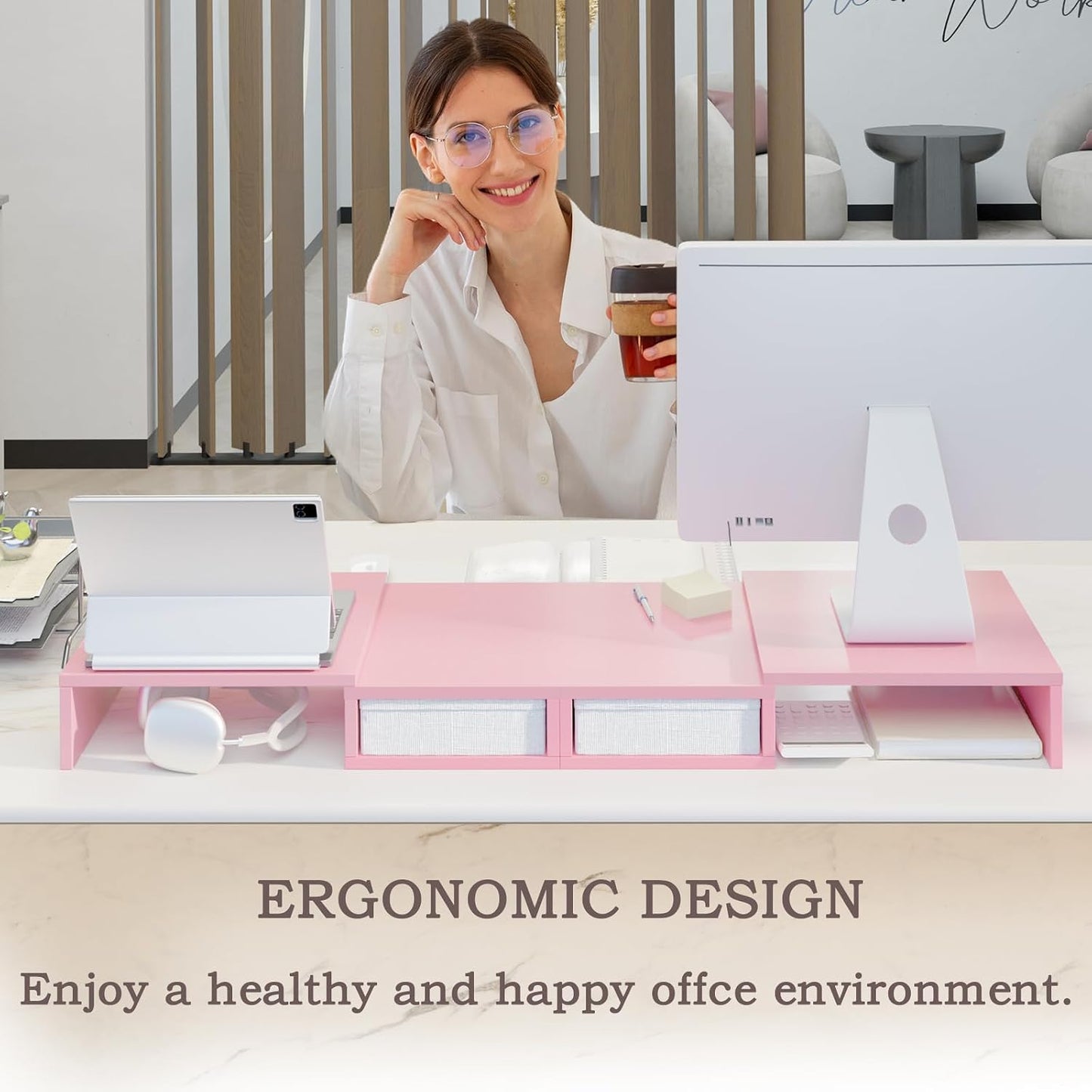 2 37 inch 2 (2 8''H) TEAMIX Pink Dual Monitor Stand Riser with Drawers - Length and Angle Adjustable Double Corner Desk