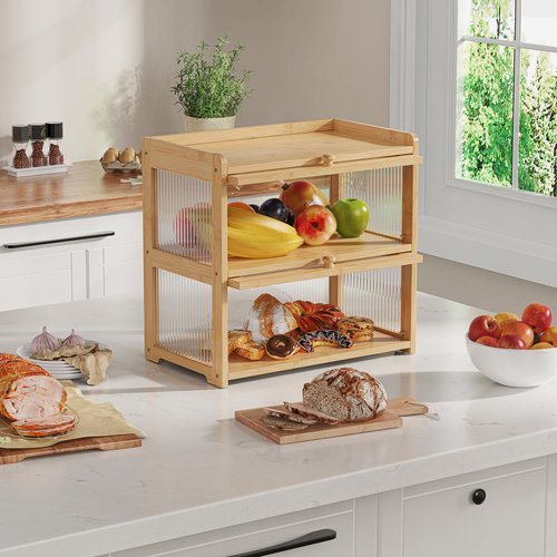 BAMBANG Extra Large Bamboo Bread Box for Kitchen Counter, Double Layer Bread Storage Container Farmhouse Bread Box with 4 Sides Transparency, Breadbox Bin Holder for Homemade Bread, Natural
