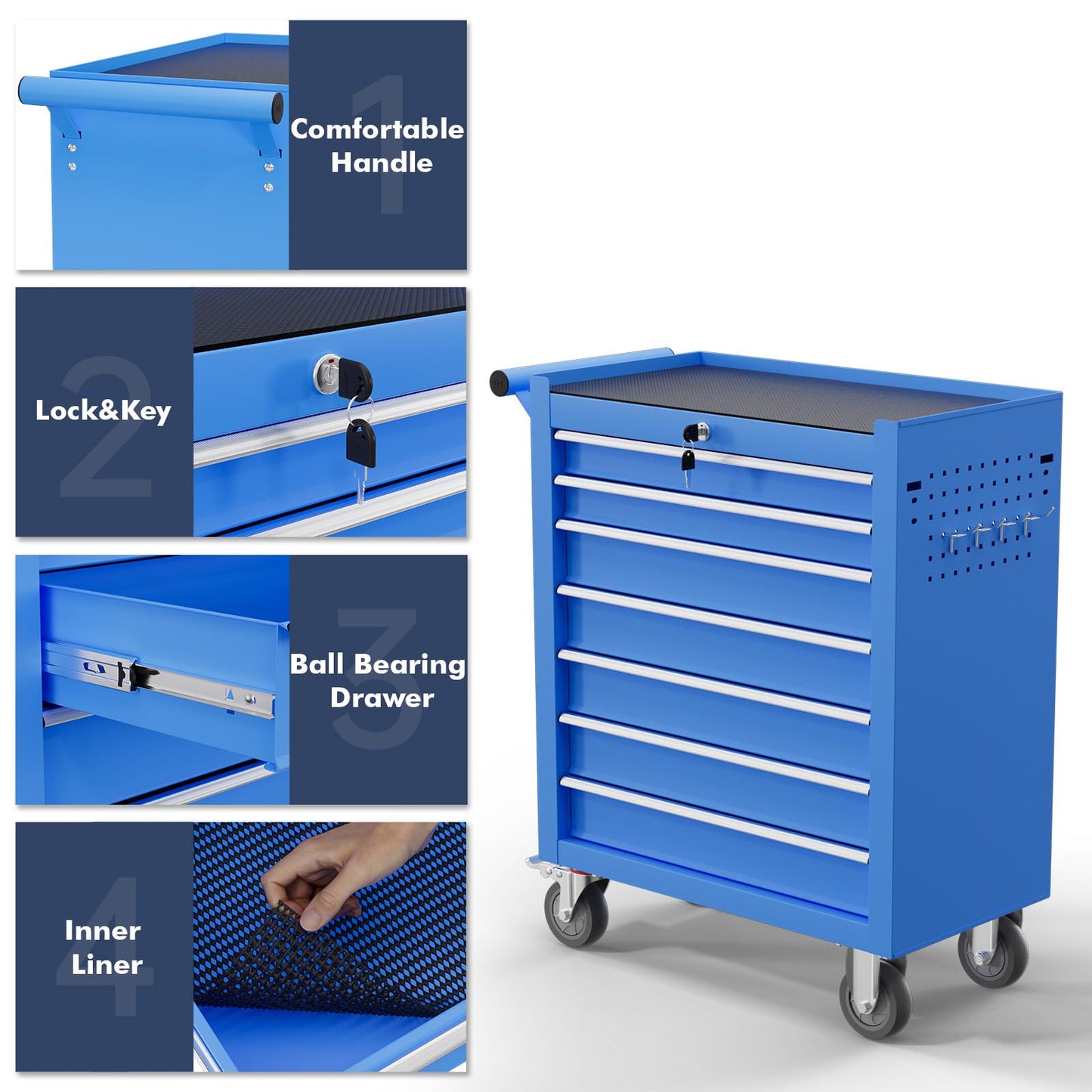 Gymplis 7-Drawer Tool Chest,Rolling Tool Cart with Wheels,High Capacity Tool Cabinet with Locking System for Garage, Warehouse, Workshop-Blue