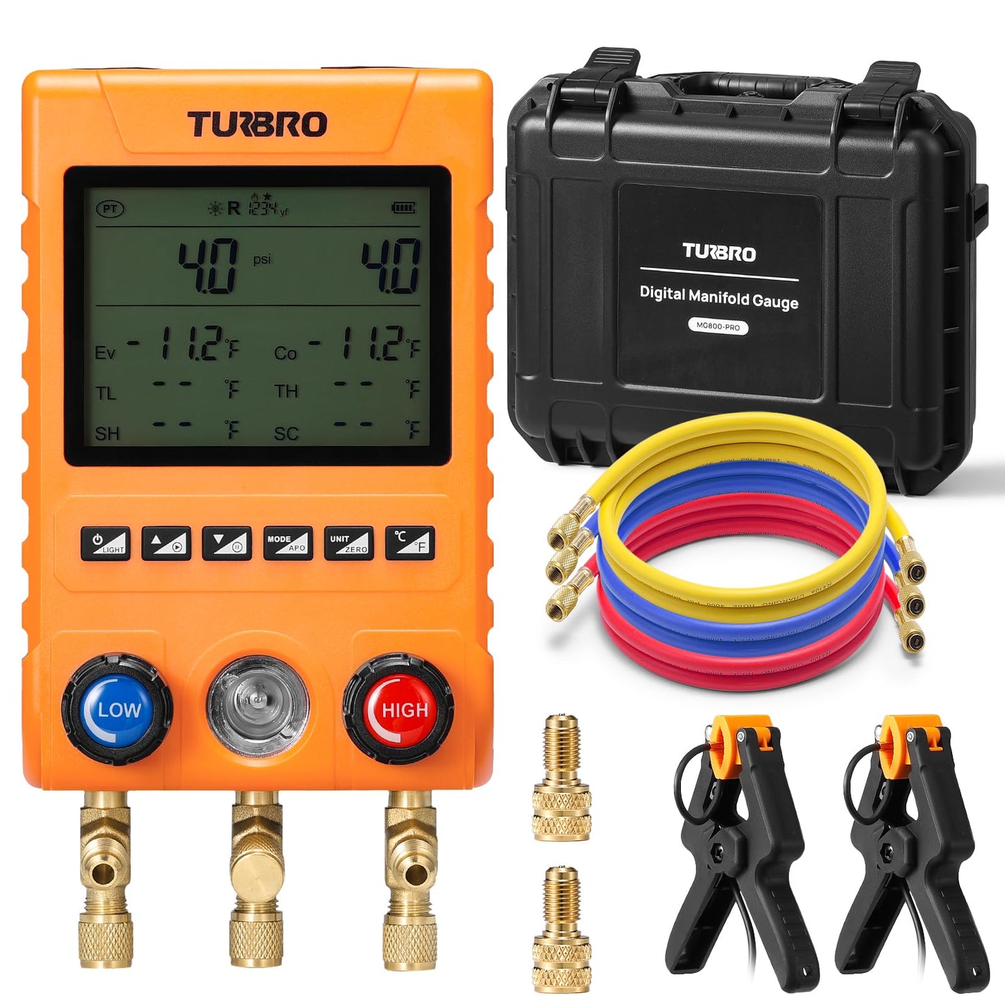 TURBRO Digital Manifold Gauge Set with 2 Wired Temperature Clamps and 3 Hoses, HVAC System Pressure and Temperature Measurement, Compatible with 88 Refrigerants, MG800-PRO