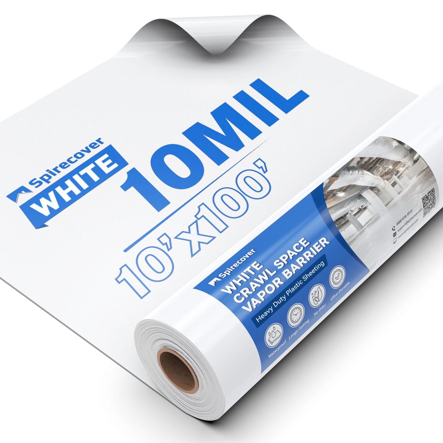 Spirecover White Crawl Space Vapor Barrier, 10 Mil Vapor Barrier, 10' x 100', Heavy Duty Polyethylene Film, Thick Plastic Sheeting, Plastic Drop Cloth Covering for Crawlspace, Basement