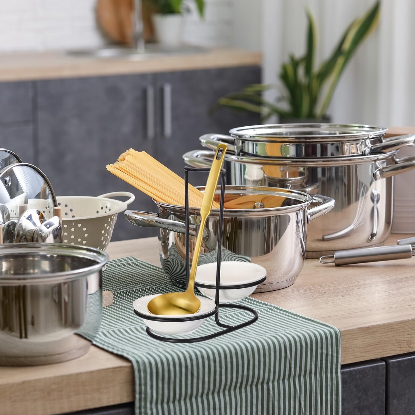 uxcell Spoon Rest Holder, 8.5x4.3x8.5 Inch Stainless Steel Upright Ladle Rack Set with Double Round Stainless Steel Bowl, Portable Upright Spoons Rest for Home Kitchen Counter, Gold