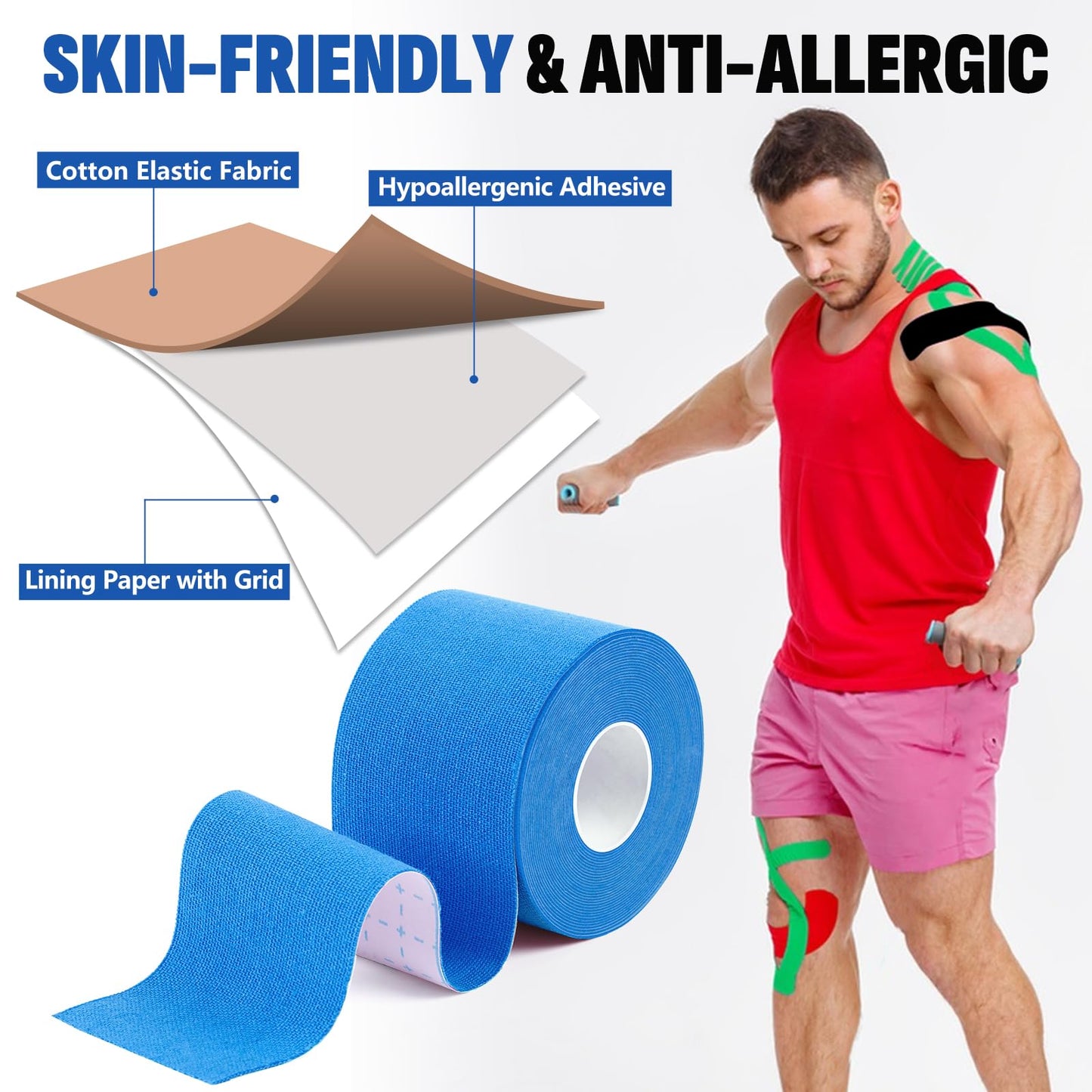 5 Rolls Kinesiology Tape, 5 Colors 2 inch x 16.4 Feet Waterproof Athletic Tape, Uncut Kinetic Tape, Elastic Muscle Tape, Sports Tape, Knee Tape for Exercise and Daily Use