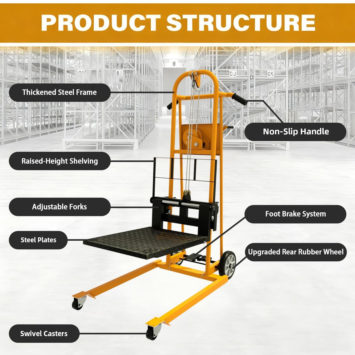 APOLLOLIFT Material Lift Winch Stacker, 500 lbs Capacity 41.4" Lifting Height, Manual Stacker Pallet Jack Truck Dolly with Swivel Casters and Lift Plate(Yellow)