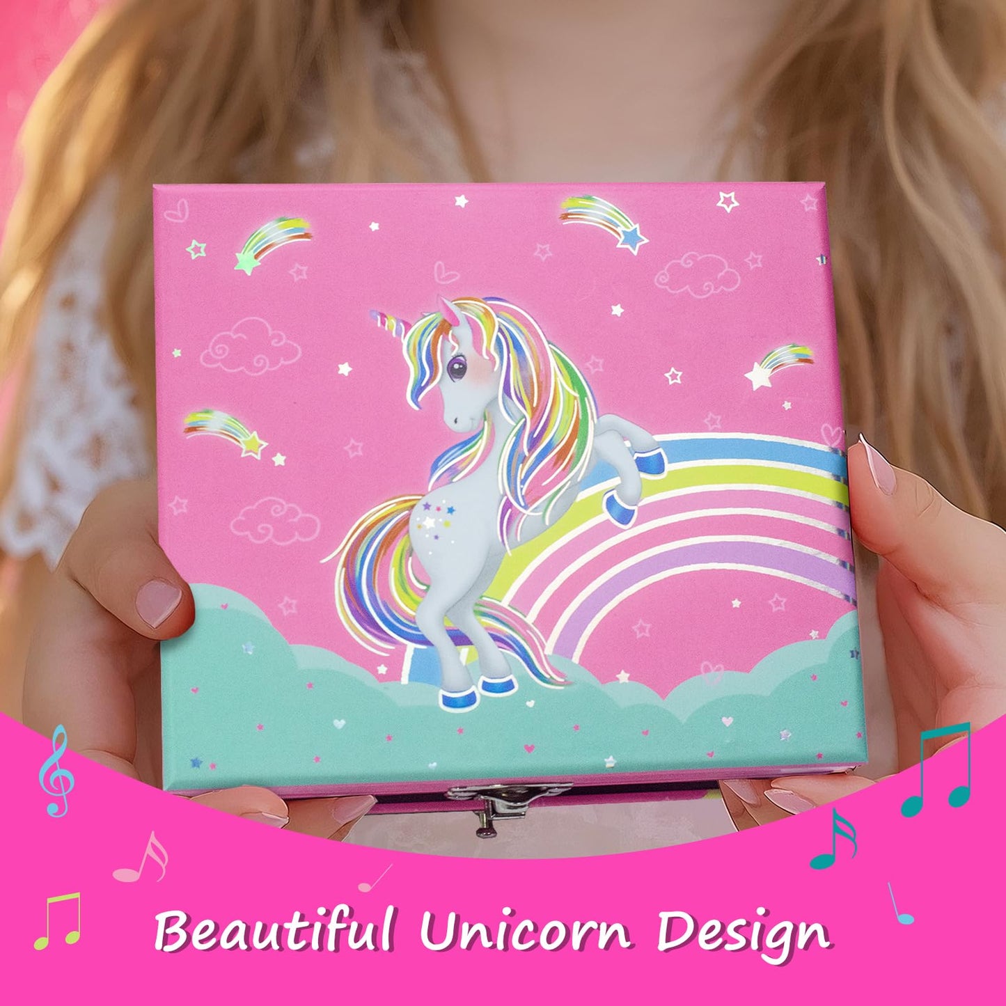 JOEKIKIMD Magical Unicorn Jewelry Box for Girls - Spinning Unicorn with Jewelry Drawer - Kids Music Box 6-12 Birthday Easter Christmas Gift, 5.9 x 5.1 x 3.5 Inches