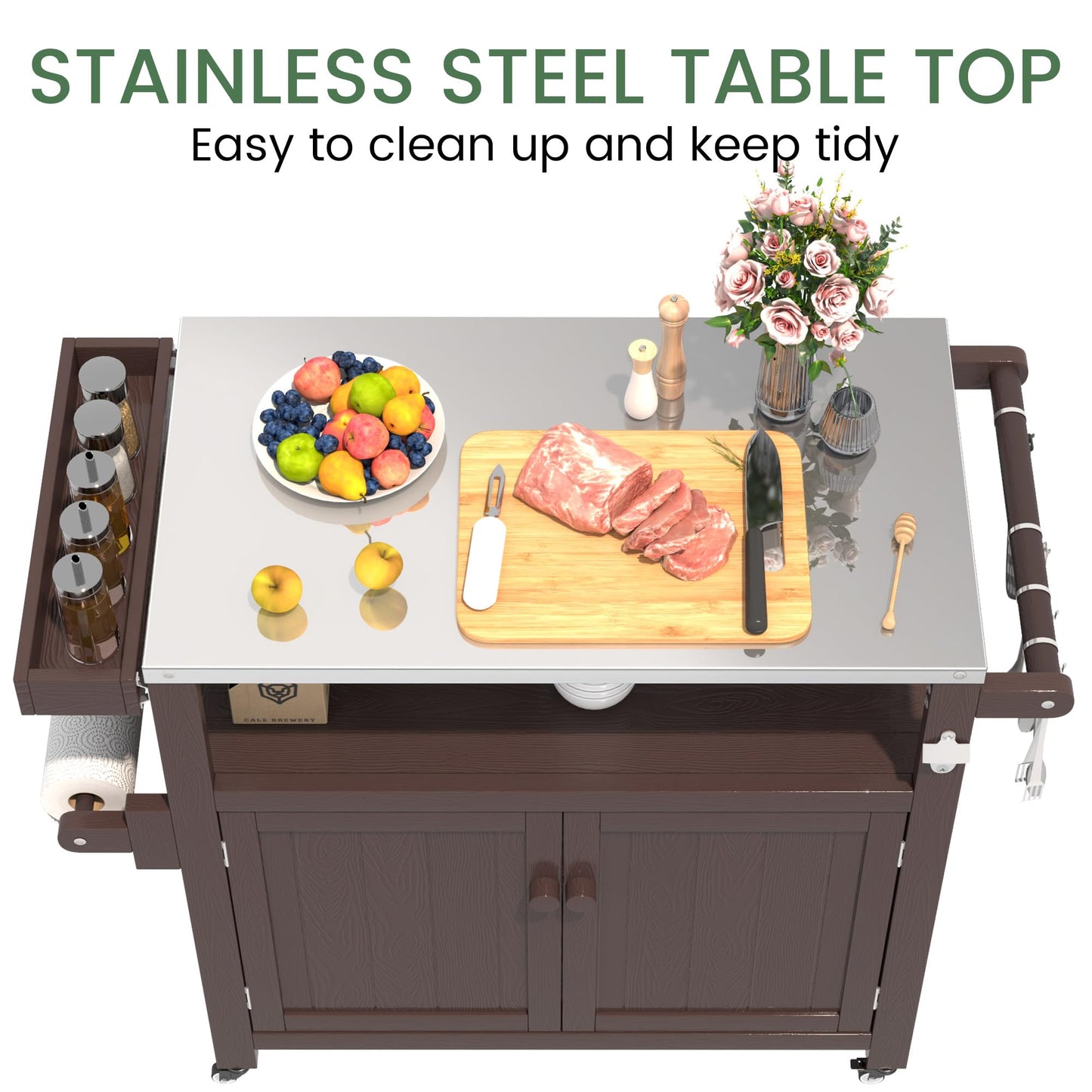 Sunnibety Weatherproof HIPS Outdoor Kitchen Island with Stainless Steel Top & Storage Cabinet, Movable Prep Table with Wheels for BBQ Food Prep, Outdoor Grill Cart for Parties, Brown