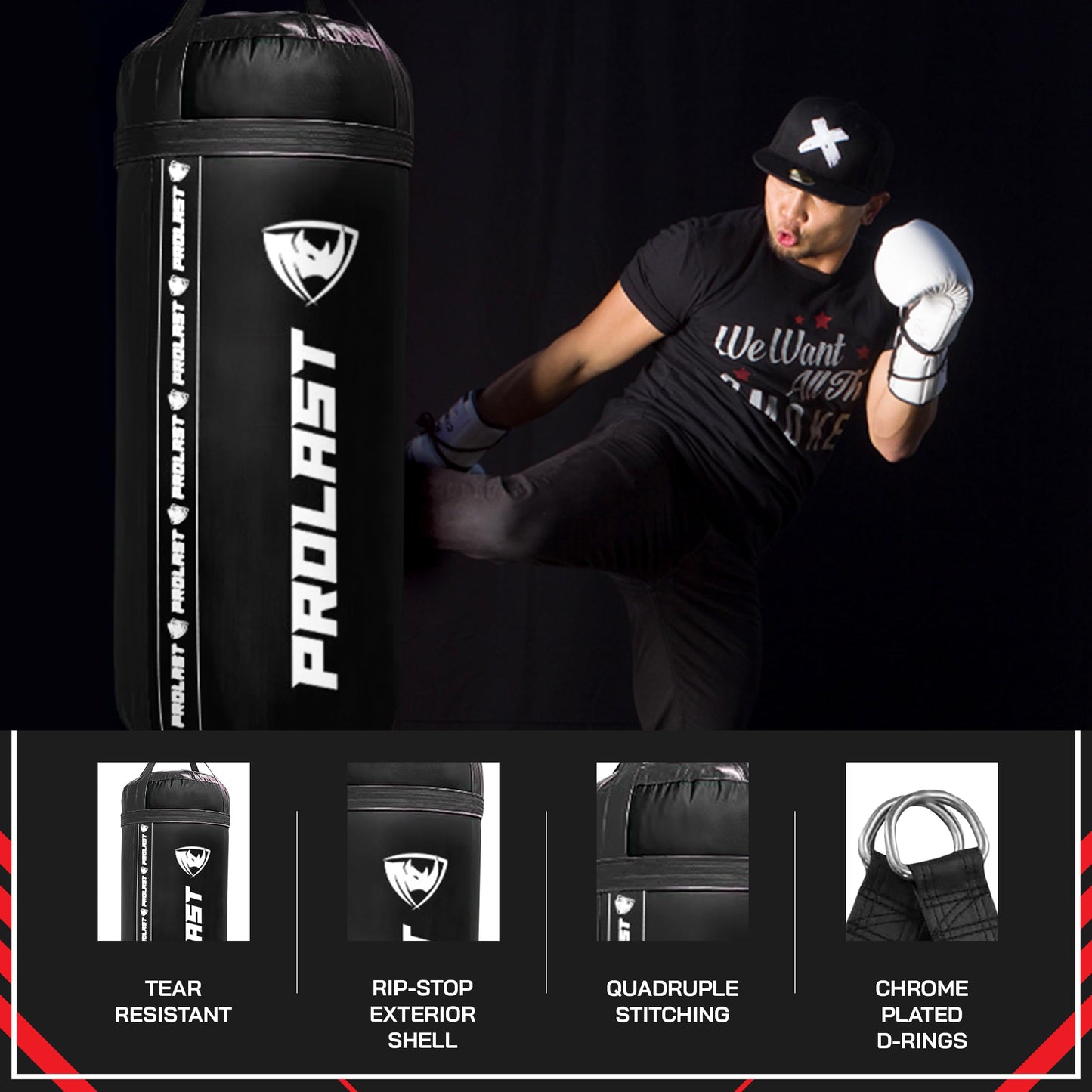 PROLAST 4Ft 135Lb XL Heavy Punching Boxing Bag for Adults, MMA, Martial Arts, Muay Thai, Kicking, Strength Training Equipment, Filled, New Edition Logo, Black