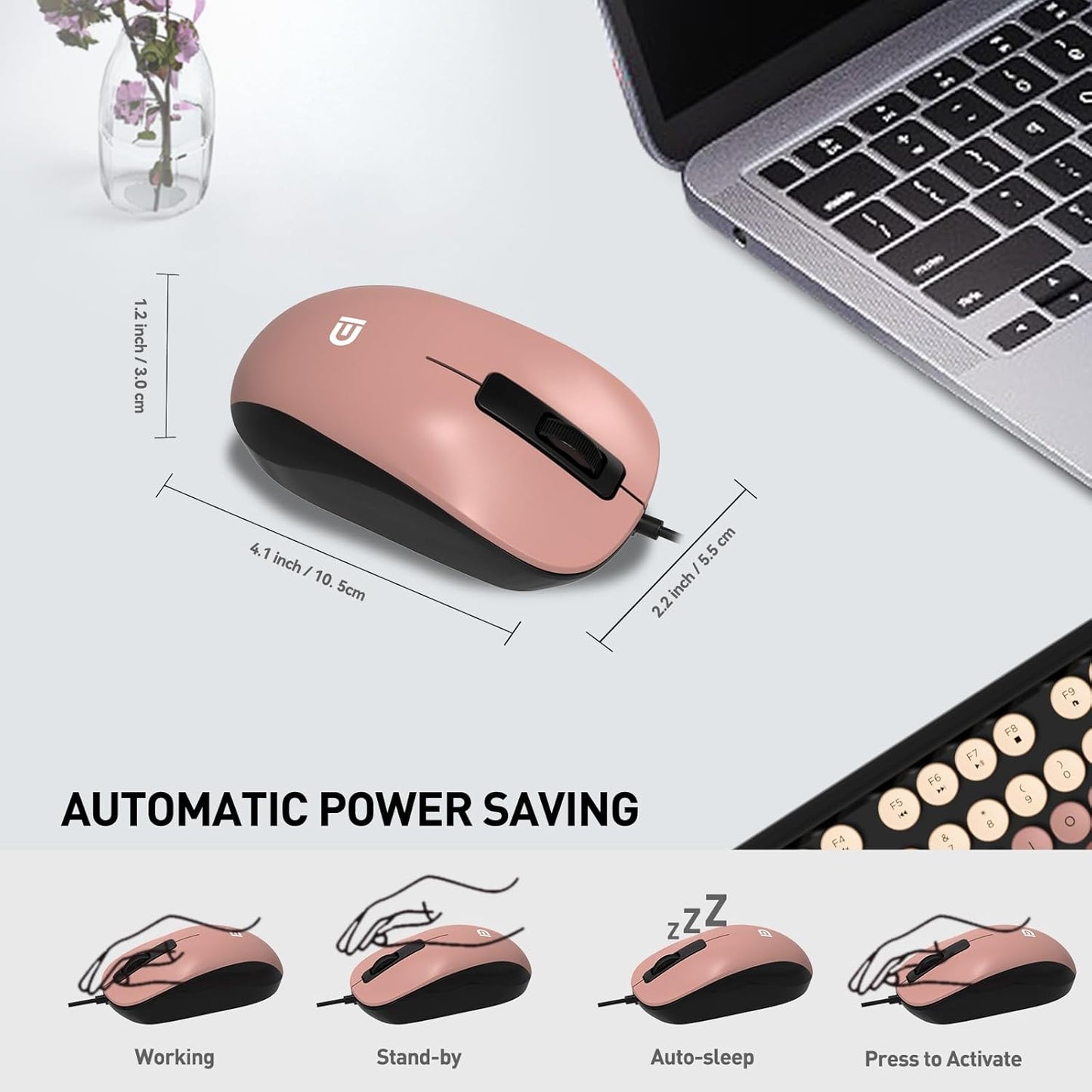 FOPETT 8870P 104 Wired Keyboard and Mouse Combo - Full-Sized Computer Keyboards with Round Keys Retro Typewriter Mouse