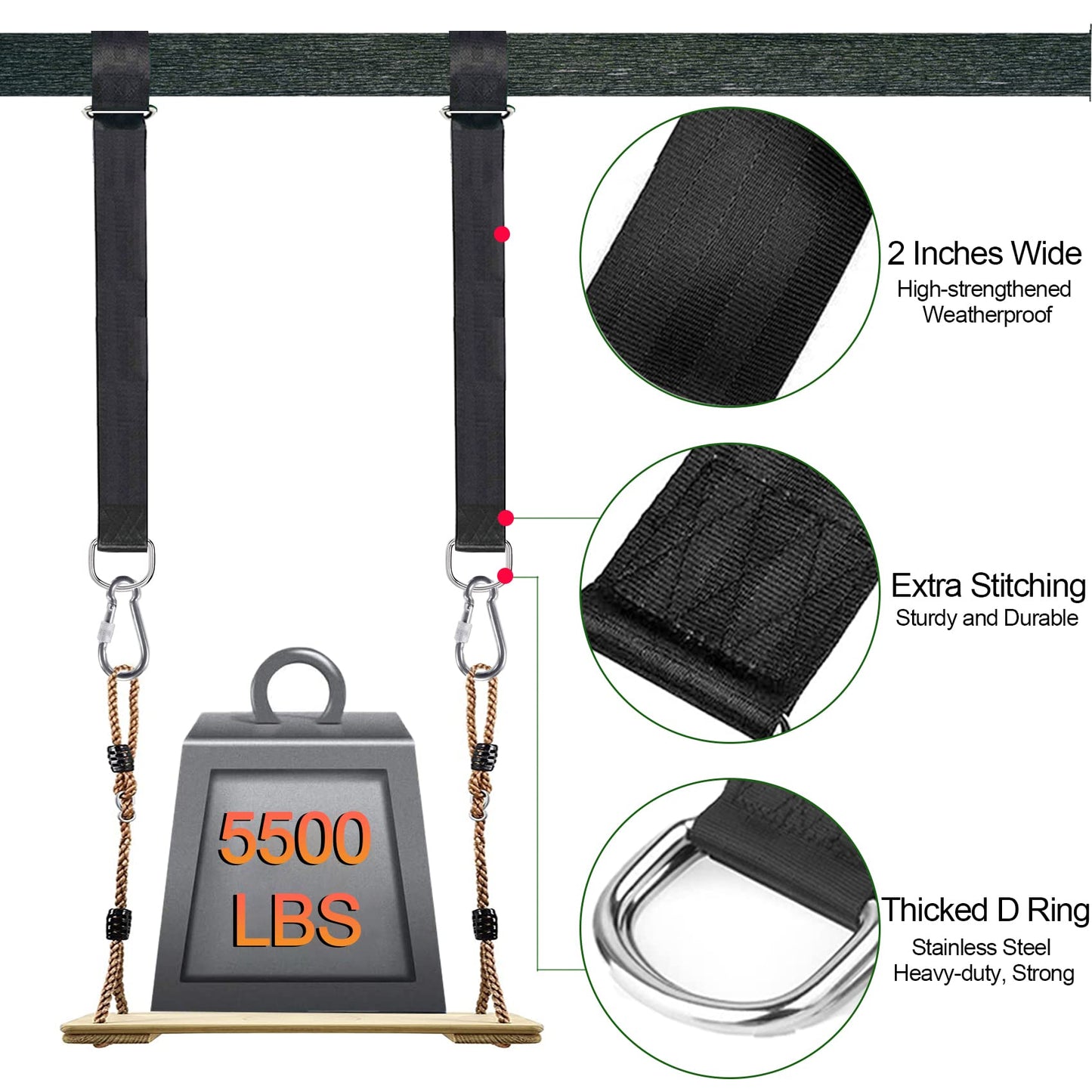Werflyto Safe Tree Swing Hanging Straps Kit, 3FT/10FT/15FT/20FT, Heavy Duty Holds 5500LBS Extra Long Adjustable Tree Swing Straps, Easy & Fast Way to Hang Any Swing or Hammock(3 FT)