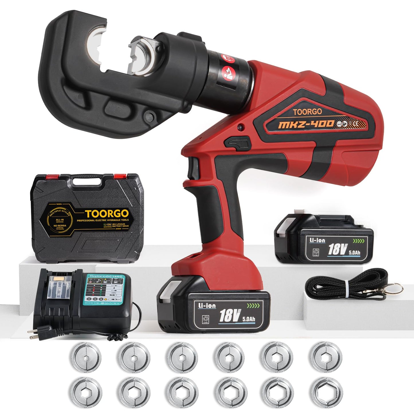 TOORGO Electric Crimping Tool,12 Ton 6AWG-800MCM Rechargeable Cable Crimper for Al/Cu Terminals, Wire Crimping Tool Kit with 13 Dies and Batteries,Red