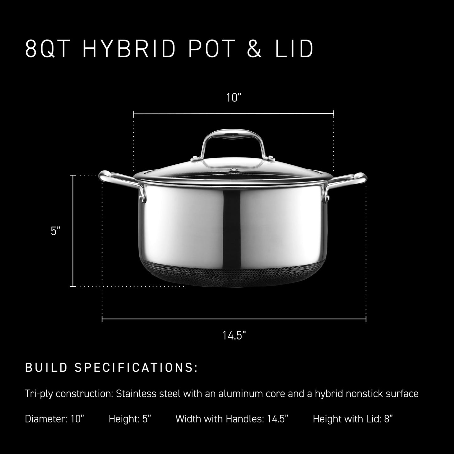 HexClad Hybrid Nonstick 8-Quart Stockpot with Tempered Glass Lid, Stay-Cool Handles, Dishwasher-Friendly, Oven-Safe Up to 900°F, Induction Ready, Compatible with All Cooktops