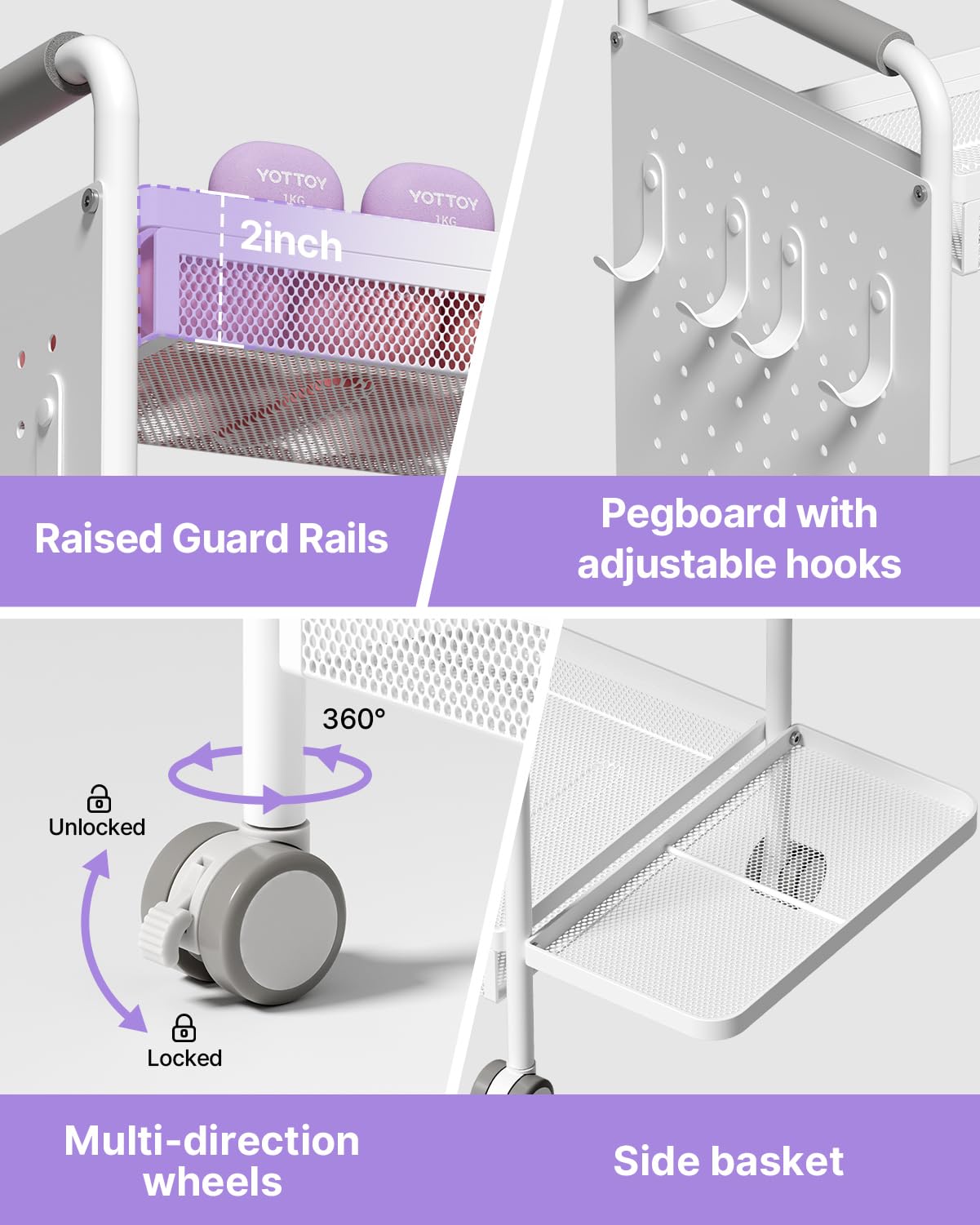 YOTTOY 3-Tier Gym Storage Rack for Home Gym–Multi-Functional Weight Rack, Dumbbell Rack, Yoga Mat Holder with Side Basket & 6 Hooks, Gym Equipment Organizer (White)