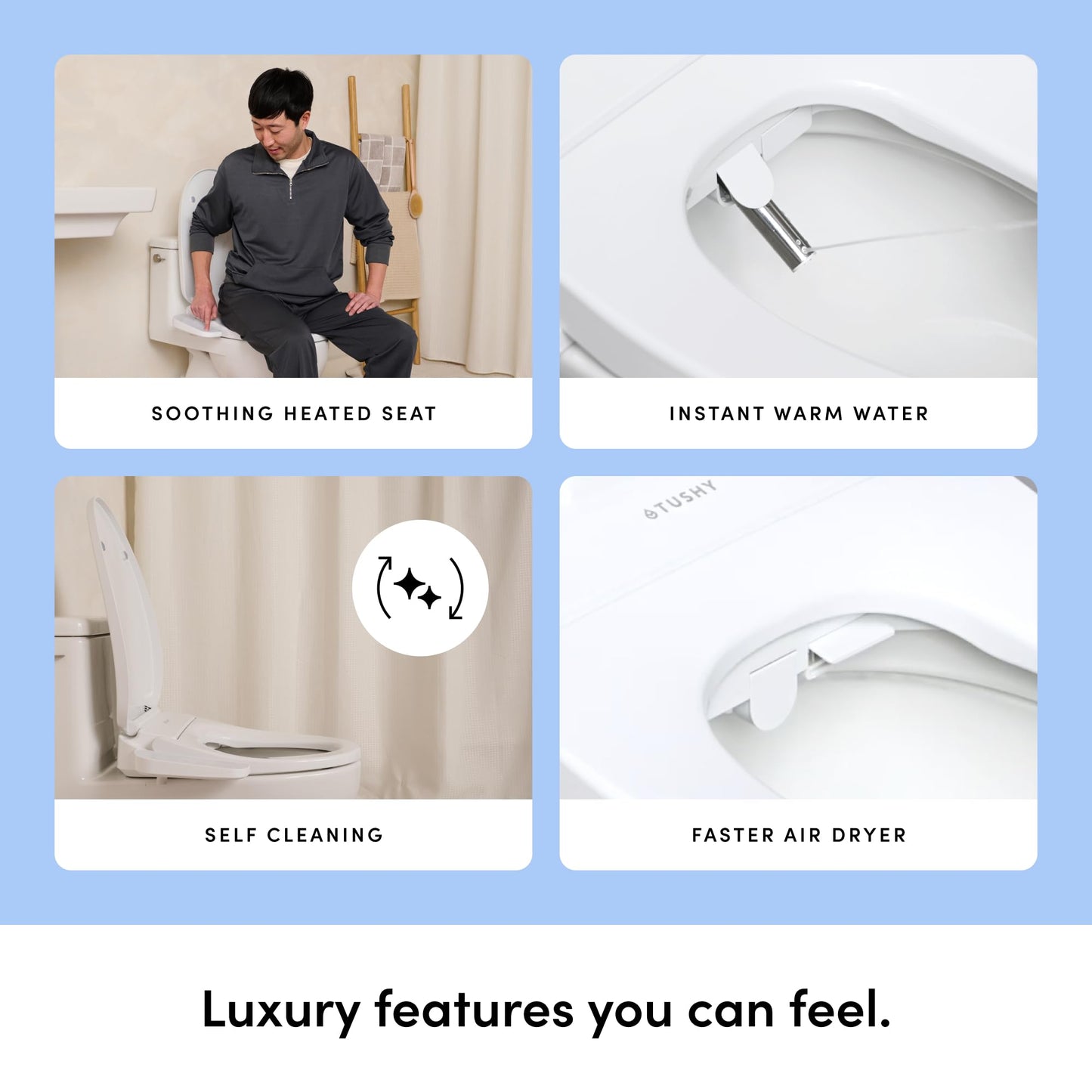 TUSHY Cloud Electronic Bidet Heated Toilet Seat: Instant Warm Water, Adjustable Air Dryer, Soft Close Lid and Seat & Night Light (Self Cleaning Nozzle and Water Filter), Elongated