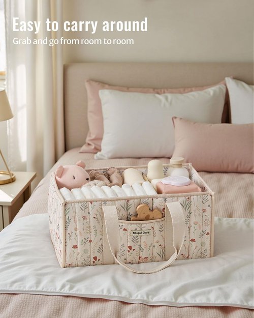 Blissful Diary Floral Diaper Caddy Organizer - Stylish Nursery Storage Basket for Newborn Essentials | Floral Beige