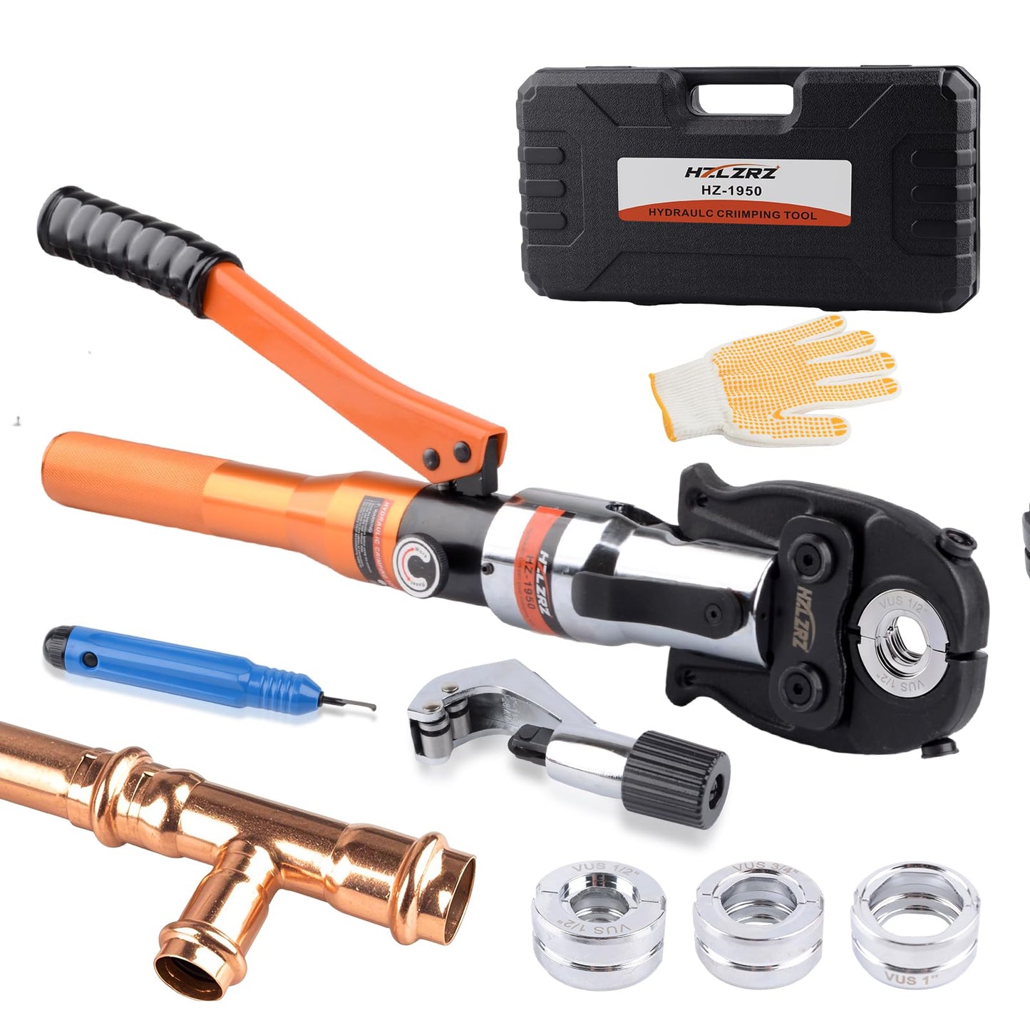 HZLZRZ ProPress Tool Copper Tube Fittings Hydraulic Copper Pipe Crimping Tool with 1/2,3/4 and 1 inch Jaws and Stainless Steel Pipe Cutter and Deburring Tool,Suit for Narrow Space and Tee Fittings