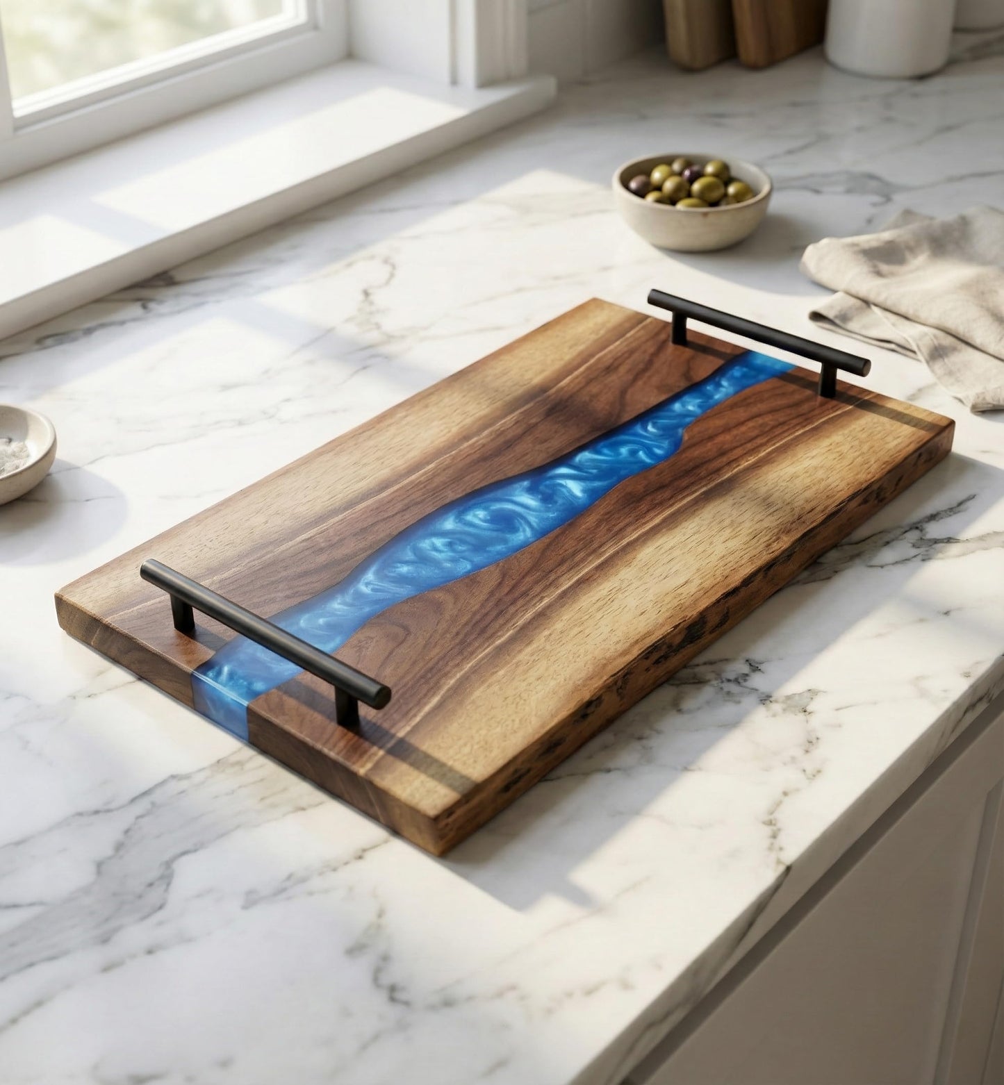 DYARI Black Walnut & Resin River Charcuterie Board 17.5" - Live Edge Wood Serving Platter - Personalized Epoxy Cheese Board with Optional Handles & Engraving - Custom Wedding & Housewarming Gift