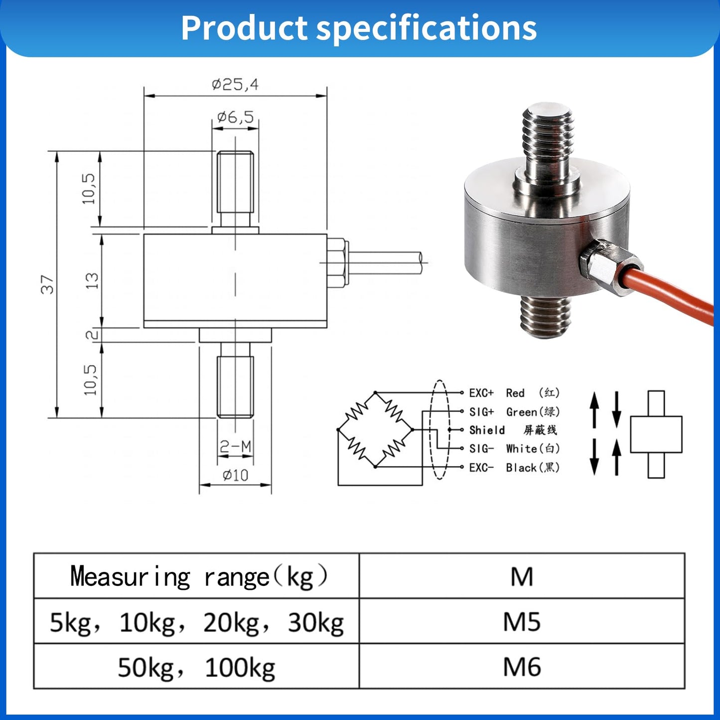 Load Cell with Amplifier Readout Display Sensor Transmitter Test Compression Force Weight Pressure Modifiable Display Unit Output RS-485 0-5V 0-10V 4-20mA (0-10kg Sensor + Amplifier)