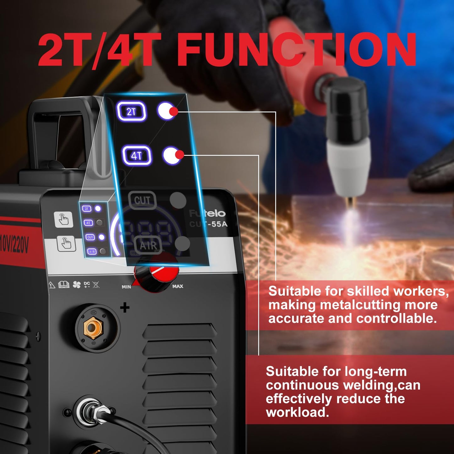 Futelo Plasma Cutter 55A, 110V/220V Plasma Cutter Machine with Large LED Display, Contact Arc Start, IGBT Inverter, 1/2” Clean Cut, 2T/4T, Portable Plasma Cutting Equipment for DIY & Workshop