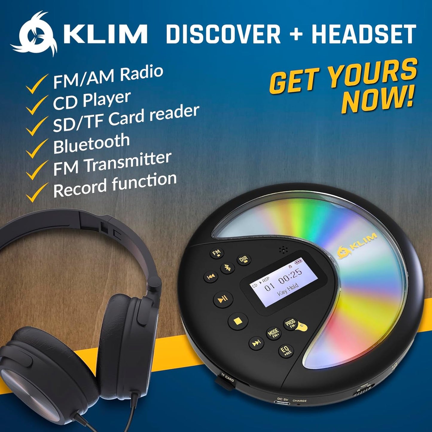 KLIM MP3 Discover with Headphones - Portable CD Player with Long-Lasting Battery - New - Radio FM - Compatible CD