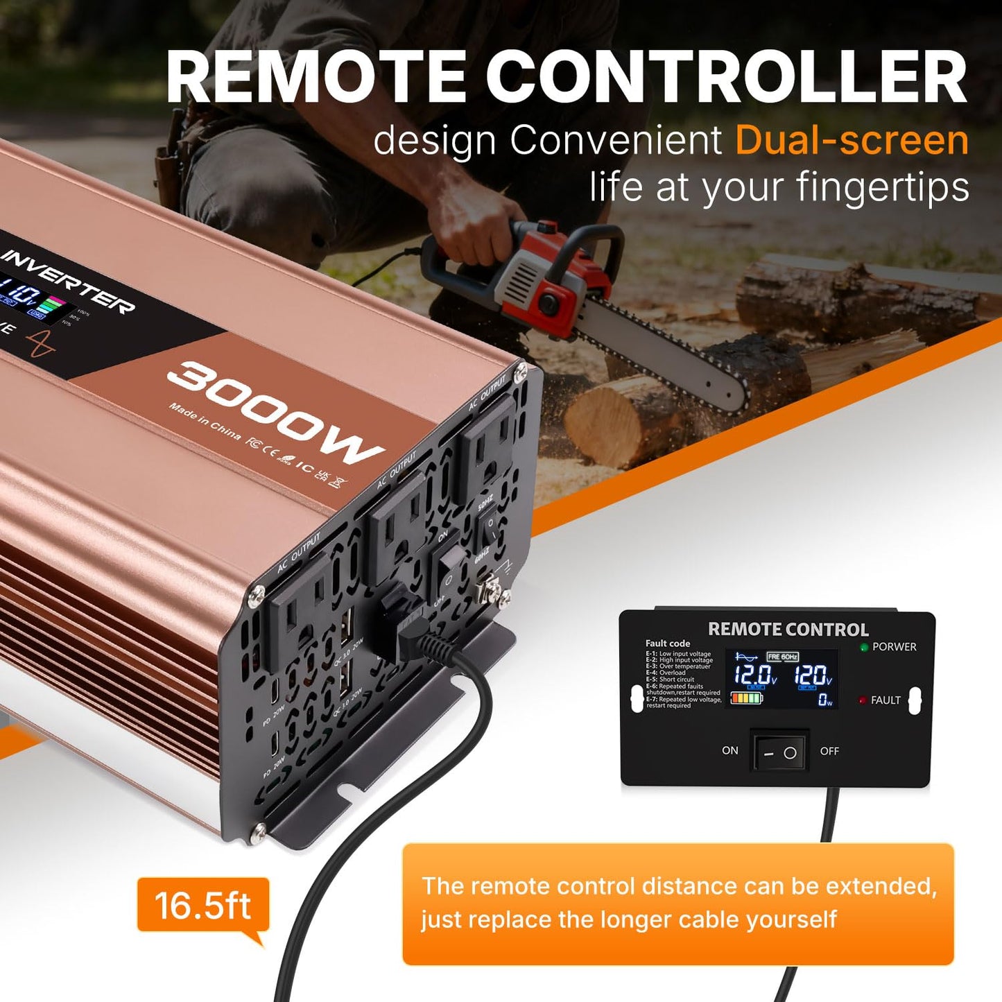 EFFORTWAY 3000W Pure Sine Wave Inverter, Inverter 12V DC to 110V/120V AC for RV, Outdoor, Home, Off-Grid, Inverter with 3 AC Outlet, Dual 20W USB-C, Dual 20W USB-A, Remote Controller