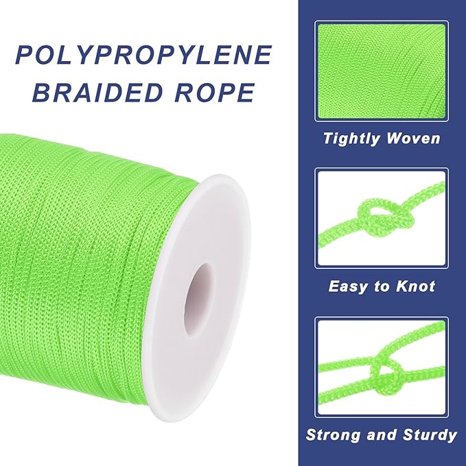 MECCANIXITY 1/12 Inch Polypropylene Rope Braided Ropes, 328ft Nylon Rope Hollow Utility Cord for Clothesline, Camping, Hiking, Outdoor, Fruit Green
