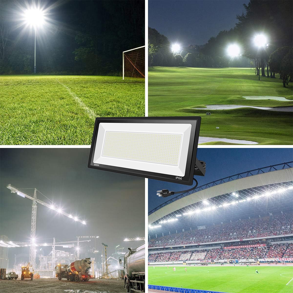 Sunkkes 2 Pack 800W LED Flood Light Outdoor,Ultra Bright FloodLight with Plug,80000LM 5000K Daylight White IP66 Waterproof Commercial Lighting for Sports Fields, Counts, Arena, Stadium