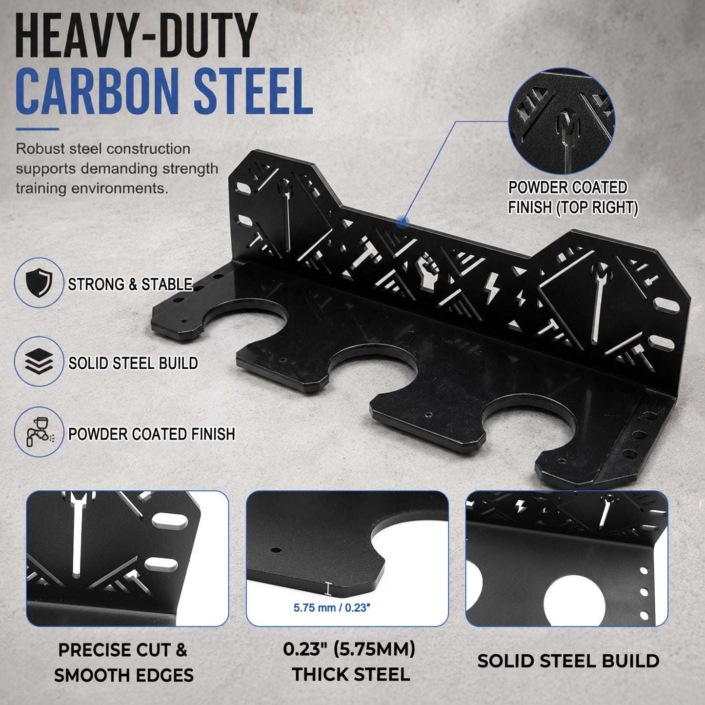 Macebell Storage Rack | Heavy-Duty Wall Mount Holder, 5.75mm Solid Thick Steel for 3 Sizes Mace Bells & Indian Clubs, UHMW Protective Padding with Complete Multi-Surface Mount Hardware
