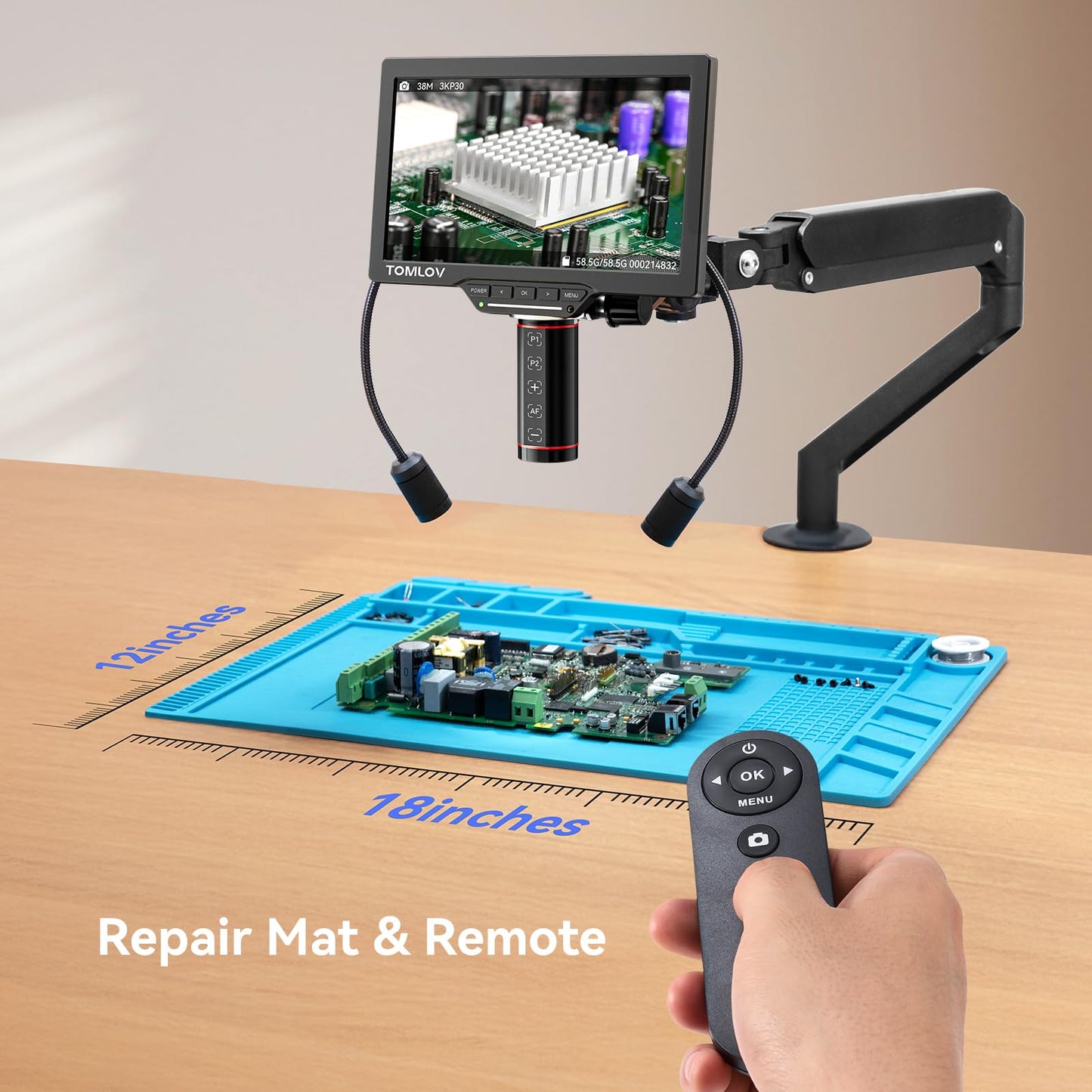TOMLOV Autofocus Digital Microscope TM3K-AF Flex: 3K Flex Arm HDMI Soldering Microscope for Adults, Full Coin View Magnifier, 7" IPS Screen, Upgraded Gooseneck Light, Repair Mat, PC/TV Compatible, 16G