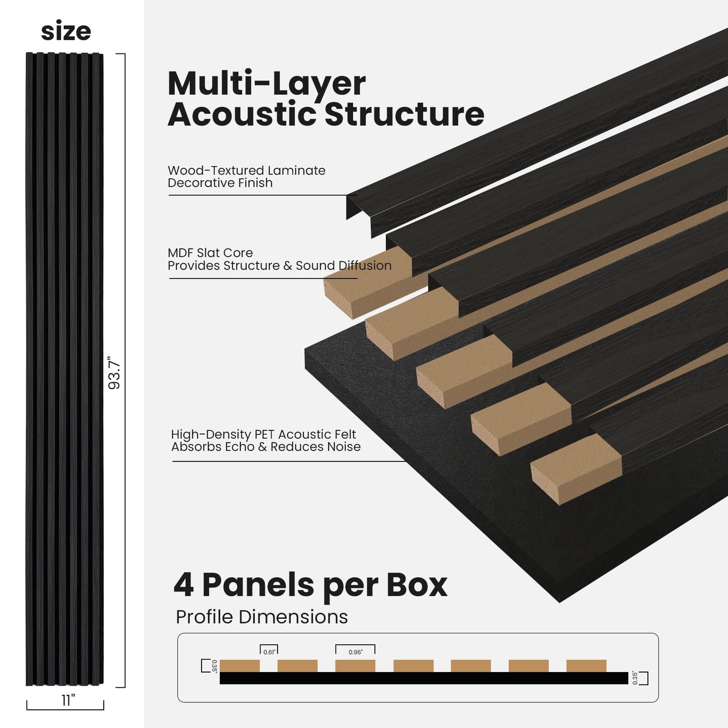 Wood Slat Wall Panels - 4 Pack 93.7" × 11" - Acoustic Panels Noise Reduction for Home Office Studio, 3D Fluted Sound Dampening Absorbing Panels, Matte Black