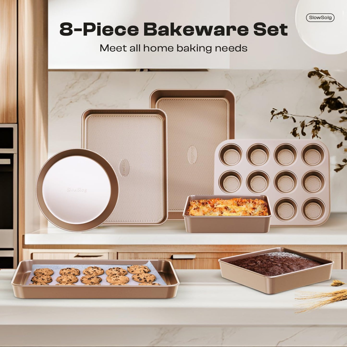 Skiennix 8-Piece Baking Pans Set - Nonstick Bakeware with Ceramic Coated Gold Finish