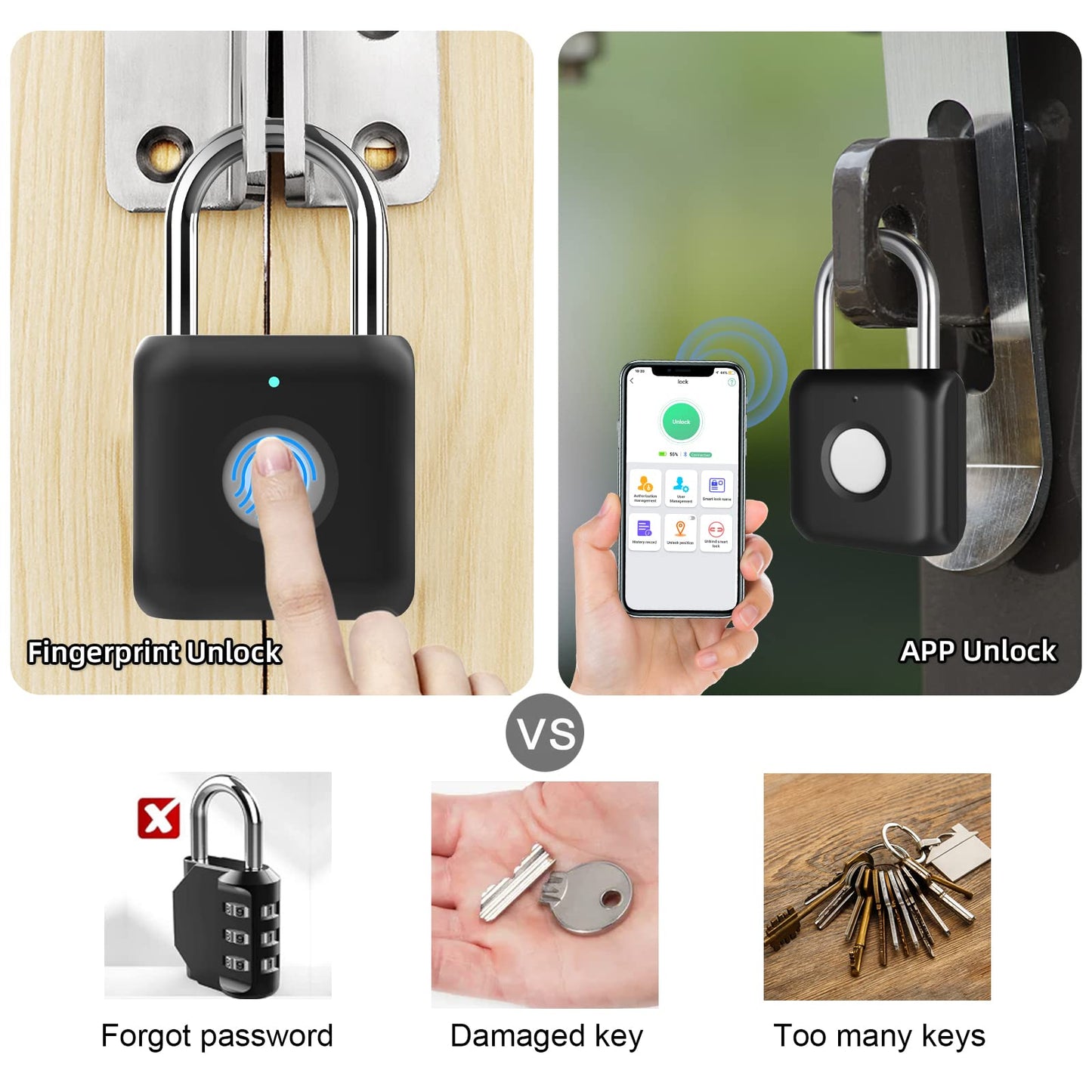 Fingerprint Padlock eLinkSmart Gym Locker Lock for Boys with Phone App iOS Watch Metal Keyless Combination Locks for School Sports Locker Toolbox Hasp Storage Obsidian Black