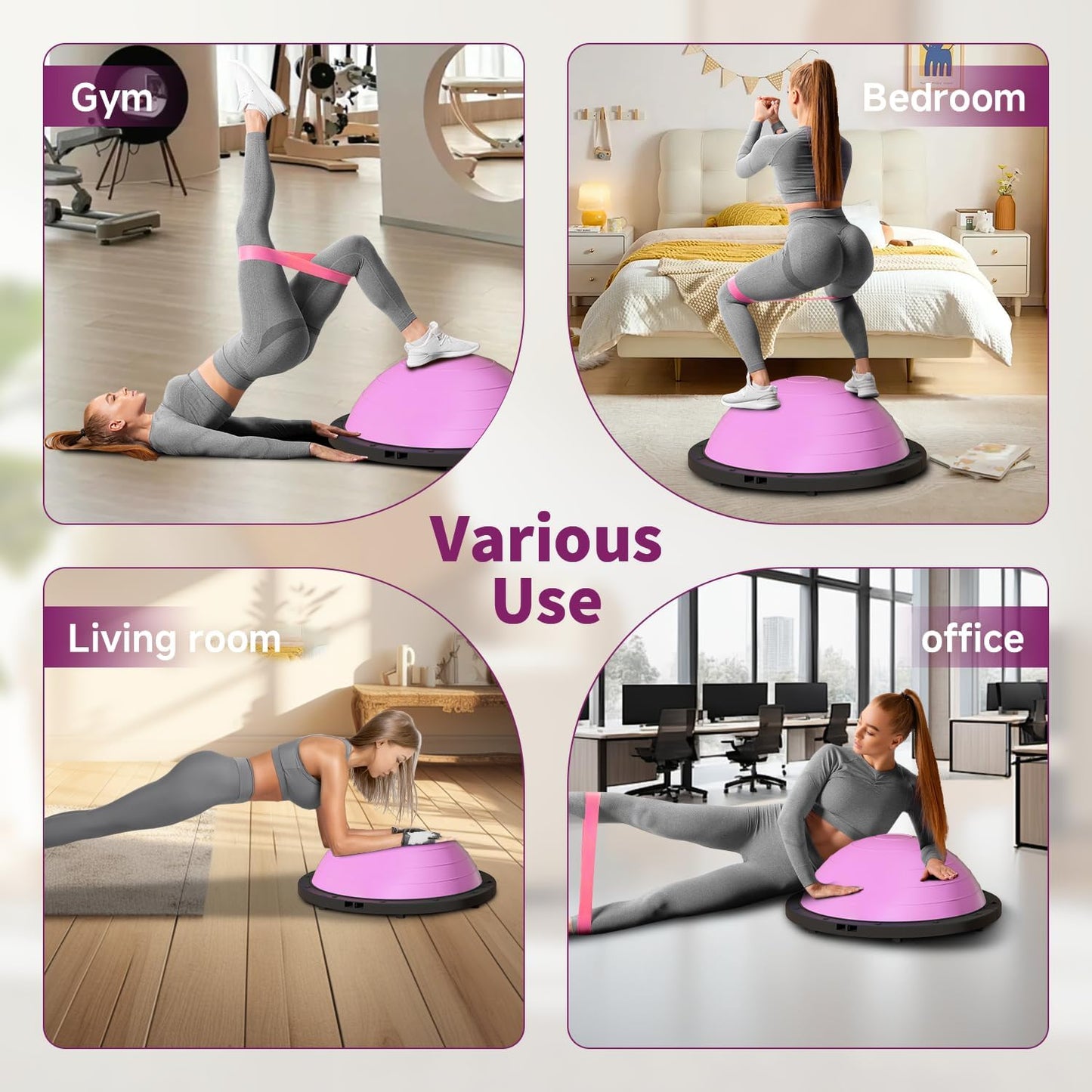 VTORY Foldable Balance Ball, Upgrate Half Ball Balance Trainer for Workout, 1300 lbs Capacity Stability Ball, 23.5 Inch Yoga Half Ball, with Resistant Band & Foot Pump, Full Body Workout, No-Slip Pink