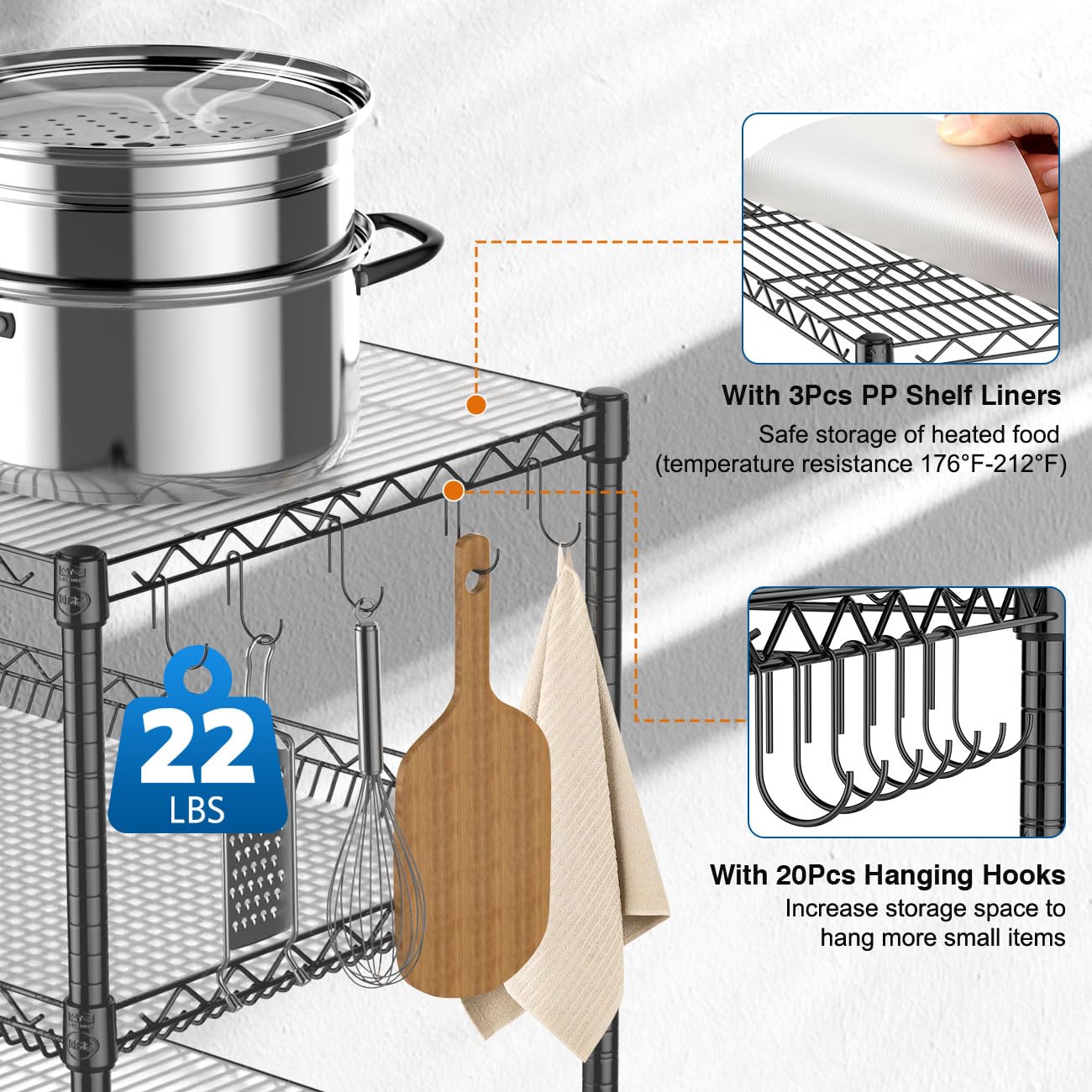Leteuke Heavy Duty Rolling Utility Cart, 45 Inch Kitchen Carts with Wheels, NSF Commercial Grade with Handle & Shelf Liners, 1120LBS Storage Cart for Kitchen,Restaurant,Plant Display-Black