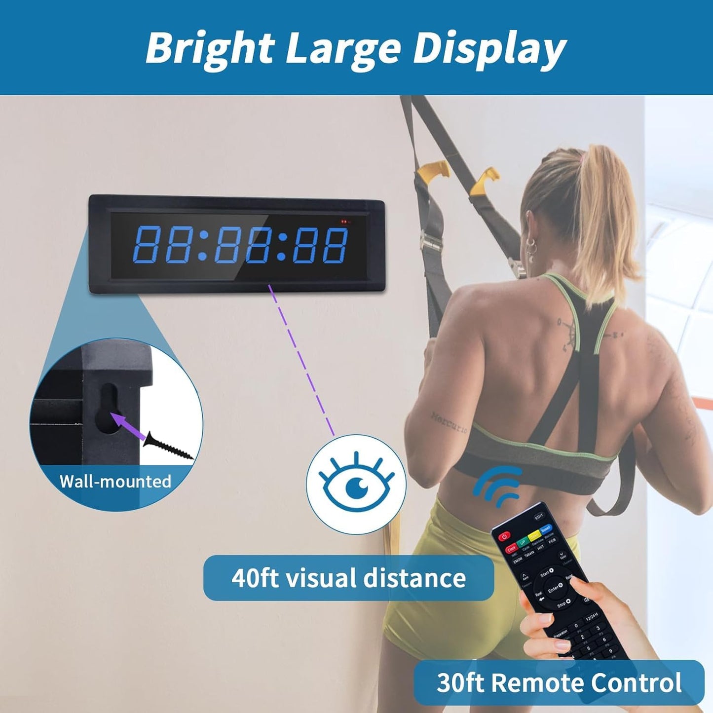 GAN XIN Gym Timer Clock with Remote Control & Push Button,7 RGB Color, Programmable Interval Timer, Countdown/Up Stopwatch,Wall Clock for Home Gym Garage,Portable Training Accessories(Battery+Stand)