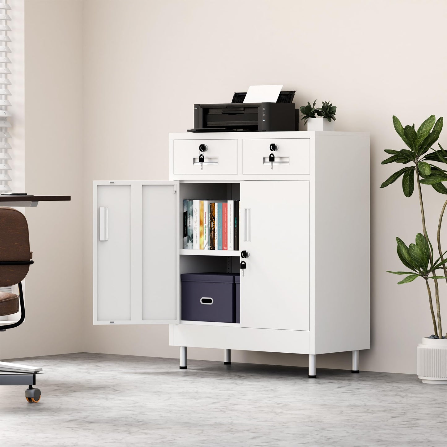 JINGUR Metal Storage Cabinet with Locking Doors and 2 Drawers, Lockable Storage Cabinet with Adjustable Shelf for Home Office Garage Entryway Pantry (White)