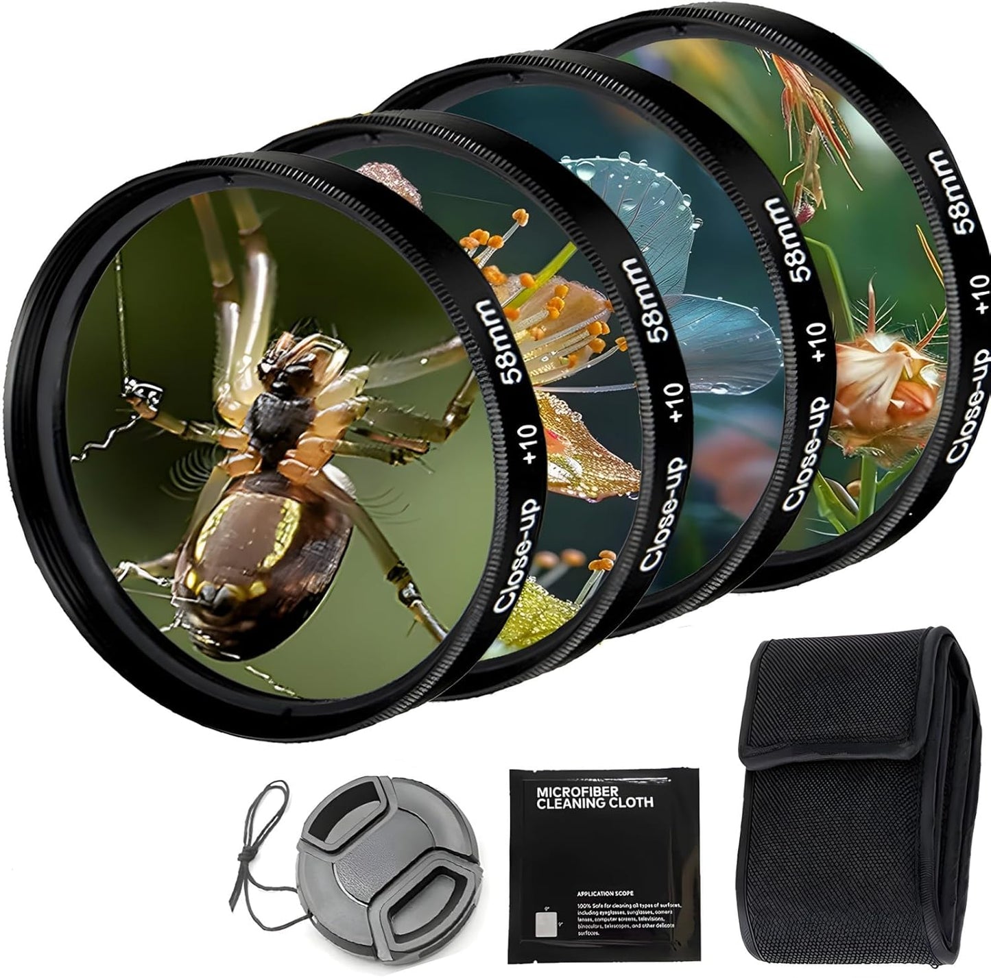 YOFOTIXAUU 58mm 4 (+1 +2 +4 +10) Set, (58mm) Close-Up Lens Filters Kit Pieces Macro Filter Lens Cap & Cleaning Cloth