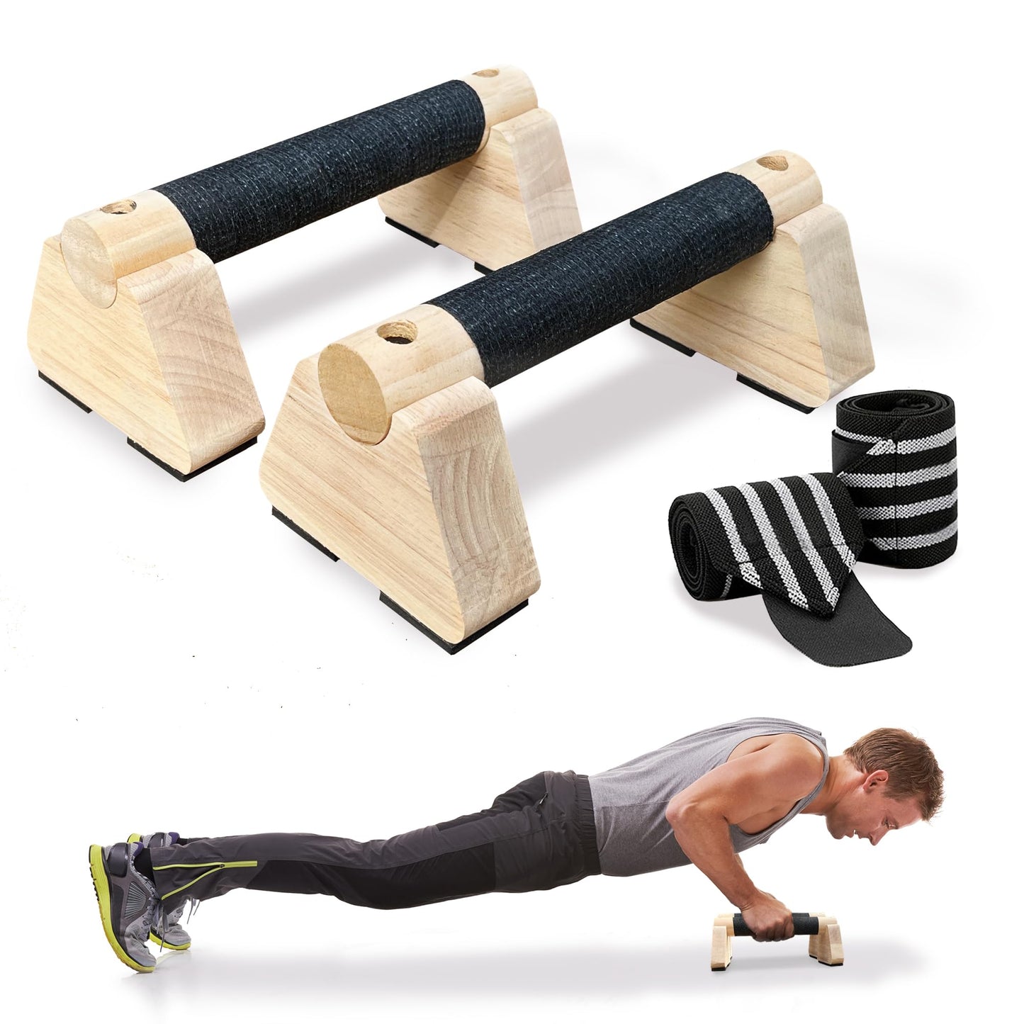 Parallettes Bars, Wooden Push Up Bars with Wrist Wraps for Men & Women, Handstand Training Bars for Home Gym, Non-Slip Calisthenics Equipment, 440lbs Durable Floor Push Up Handles (20cm)