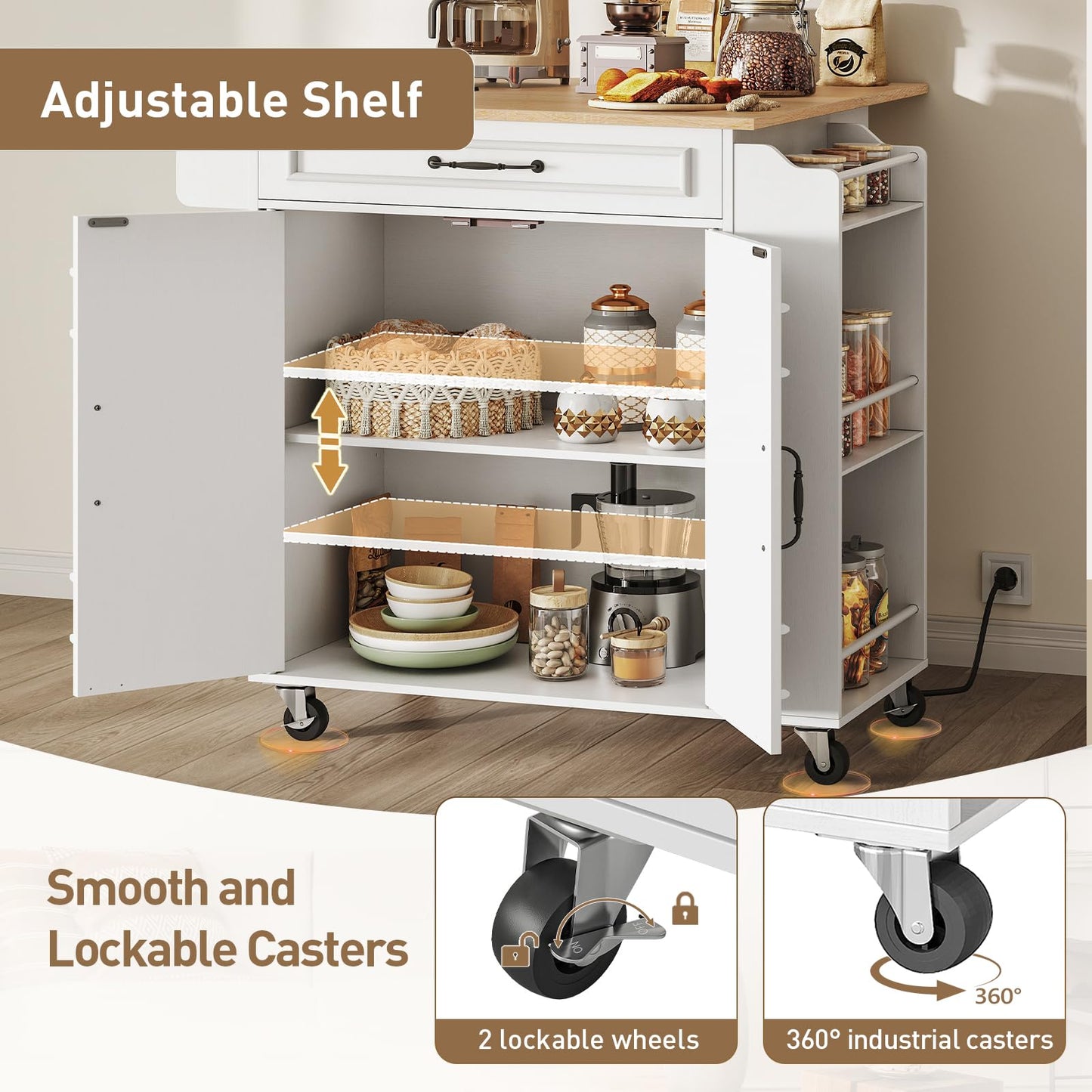 RALGEND Kitchen Island with Power Outlets & Drop Leaf, Rolling Kitchen Cart on Wheels, Kitchen Storage Island with Spice Rack and Drawer, Mobile Island Table for Kitchen, Dinning, White and Natural