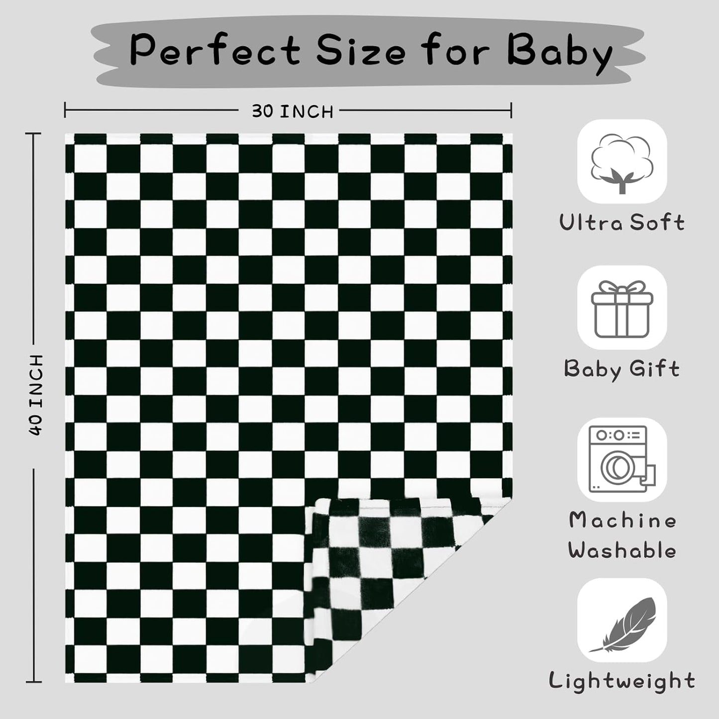 Yurhap Checkered Baby Blanket - Ultra Soft Fleece Receiving Blanket for Infants | 30"x40", Black